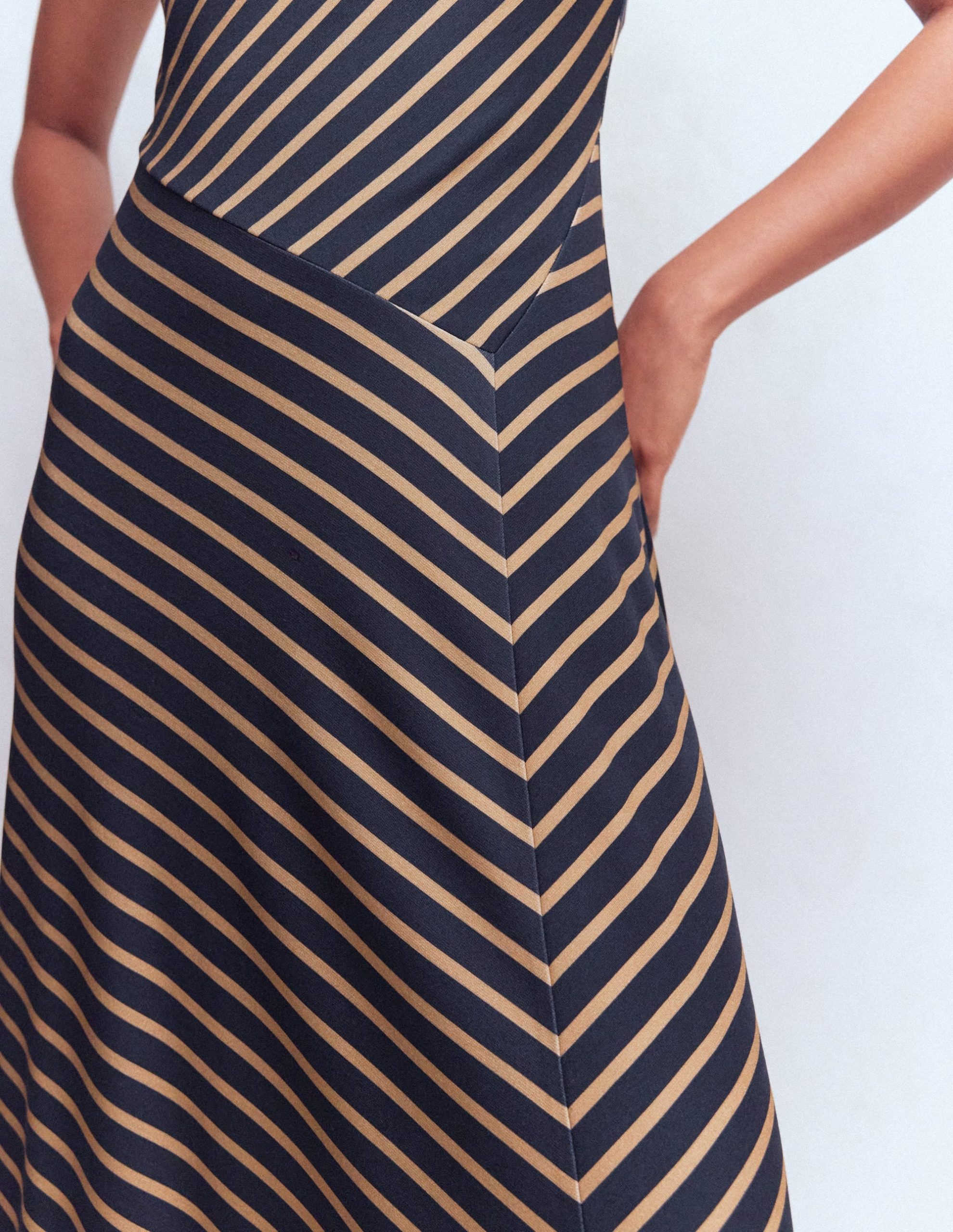 Asymetric Ponte Midi Dress-Navy and Camel Stripe - Image 3
