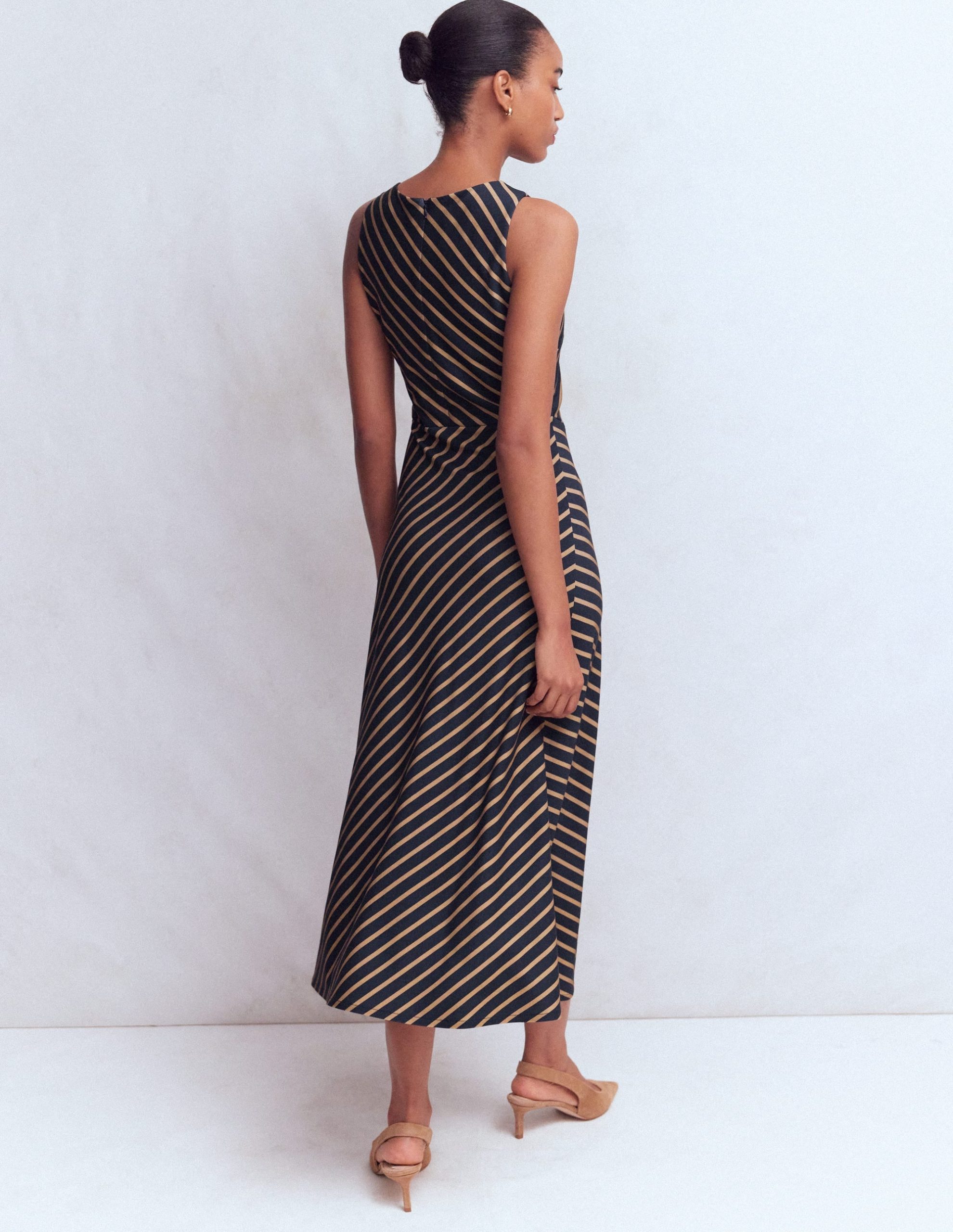 Asymetric Ponte Midi Dress-Navy and Camel Stripe - Image 4