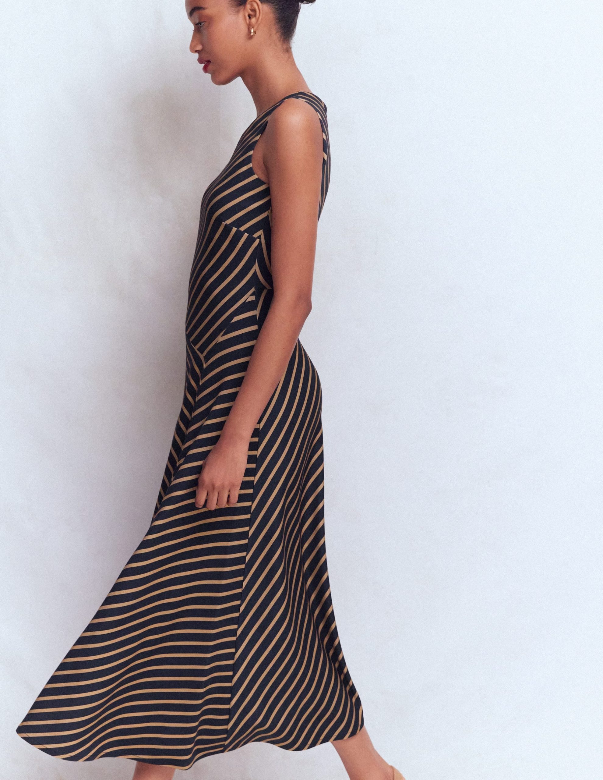 Asymetric Ponte Midi Dress-Navy and Camel Stripe - Image 6