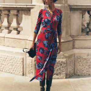 Honor Column Jersey Midi Dress-Crimson Red. Forest Breeze