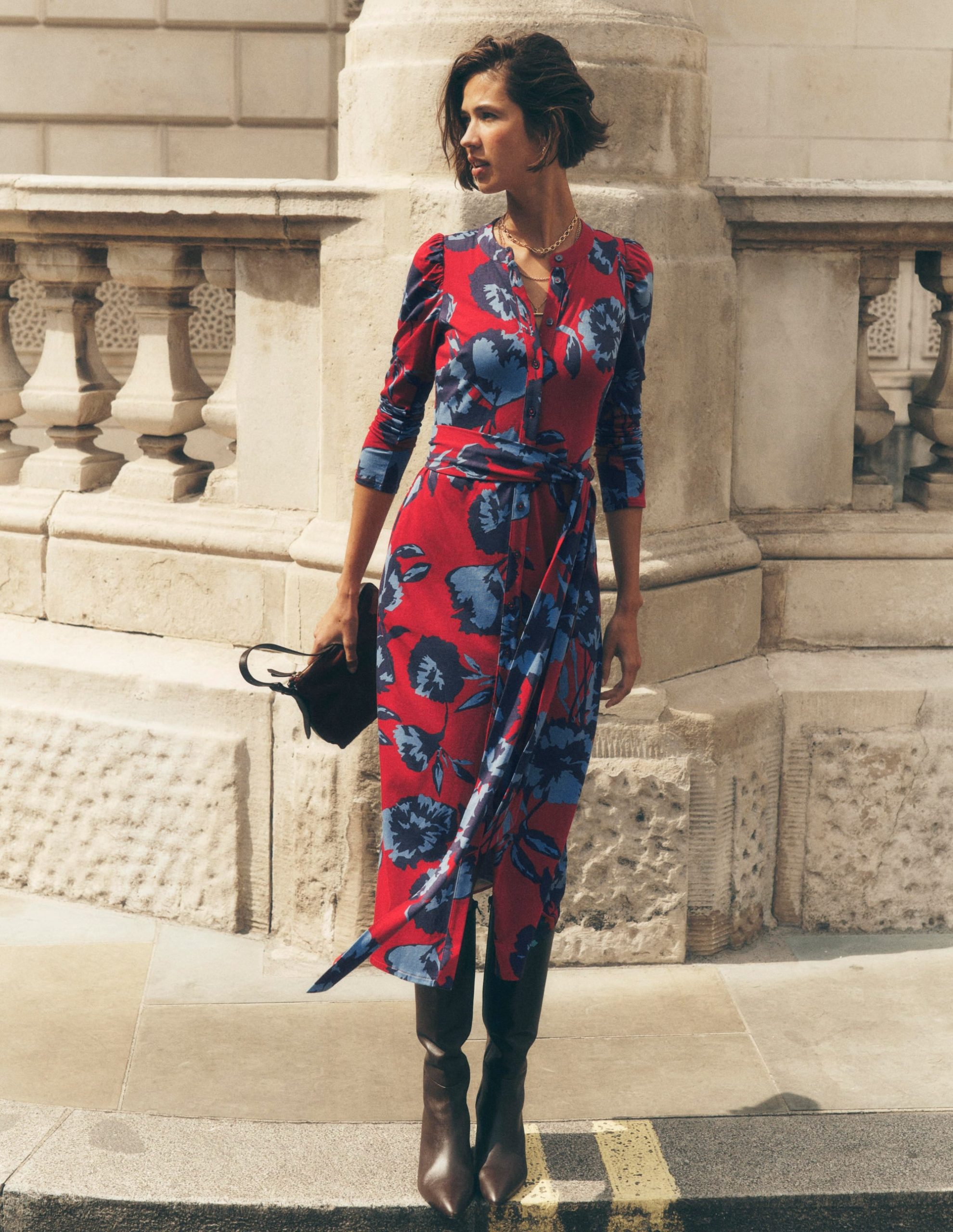 Honor Column Jersey Midi Dress-Crimson Red. Forest Breeze