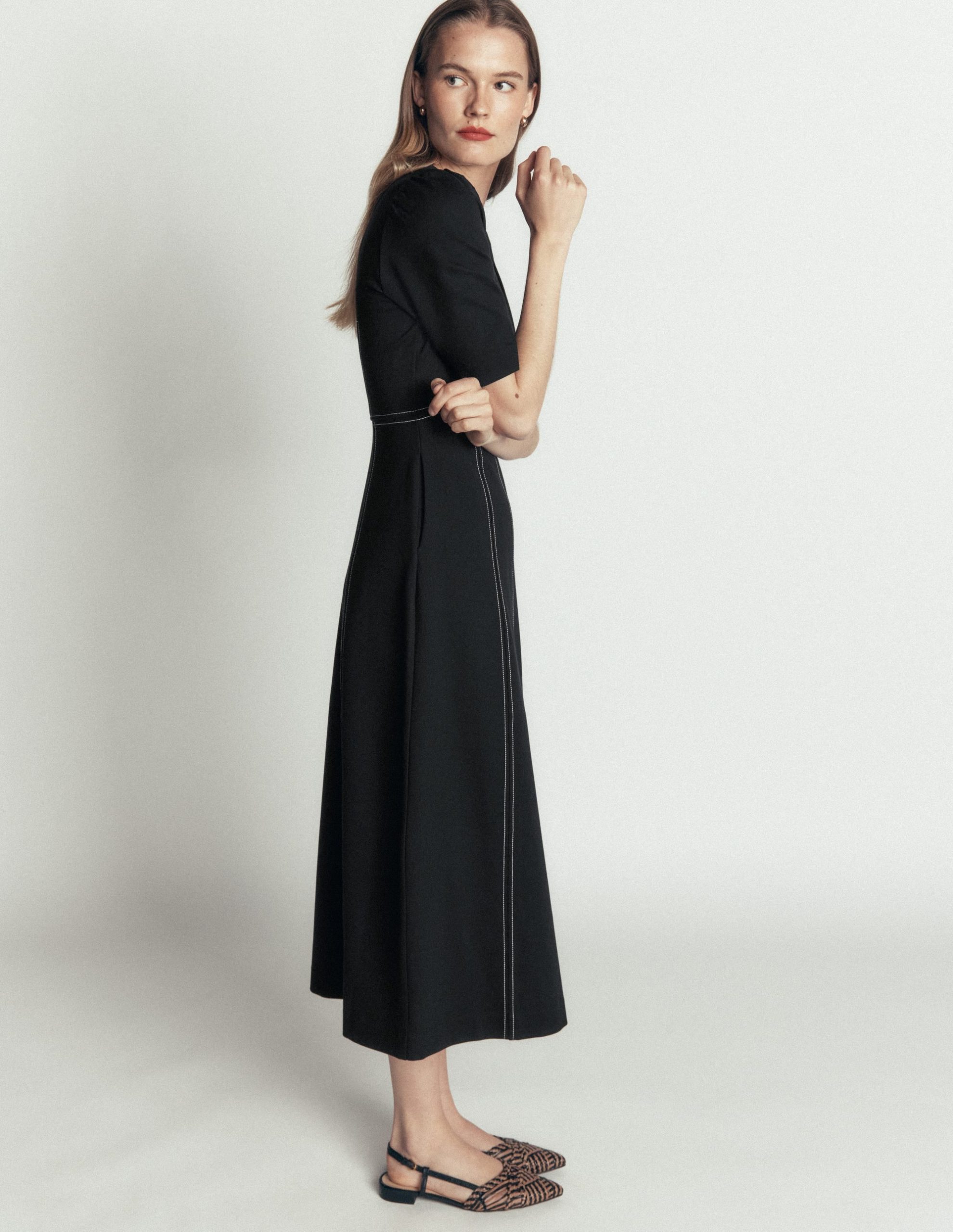 Puff Sleeve Ponte Midi Dress-Black - Image 4