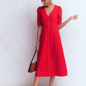 Puff Sleeve Ponte Midi Dress-Merida Red