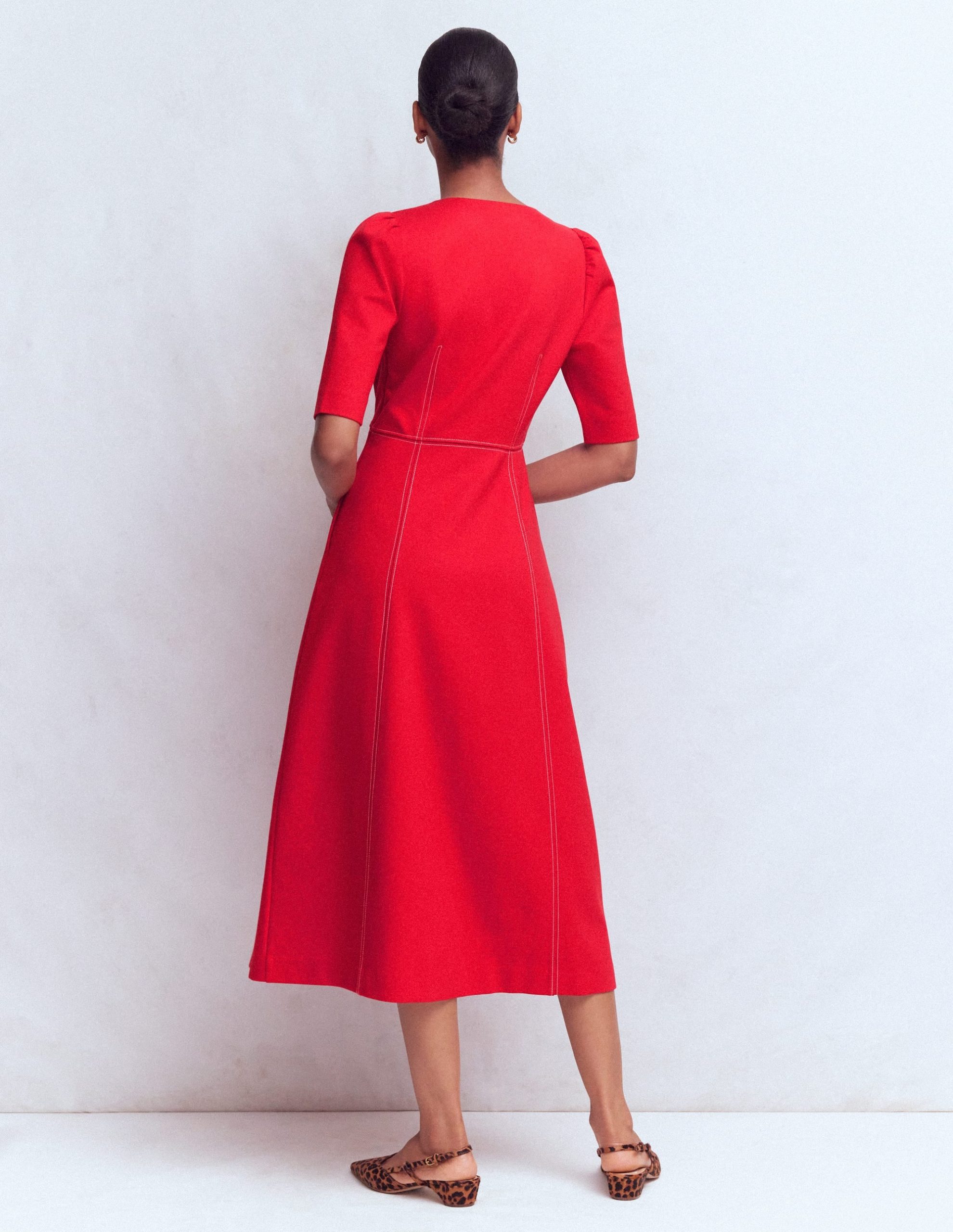 Puff Sleeve Ponte Midi Dress-Merida Red - Image 3