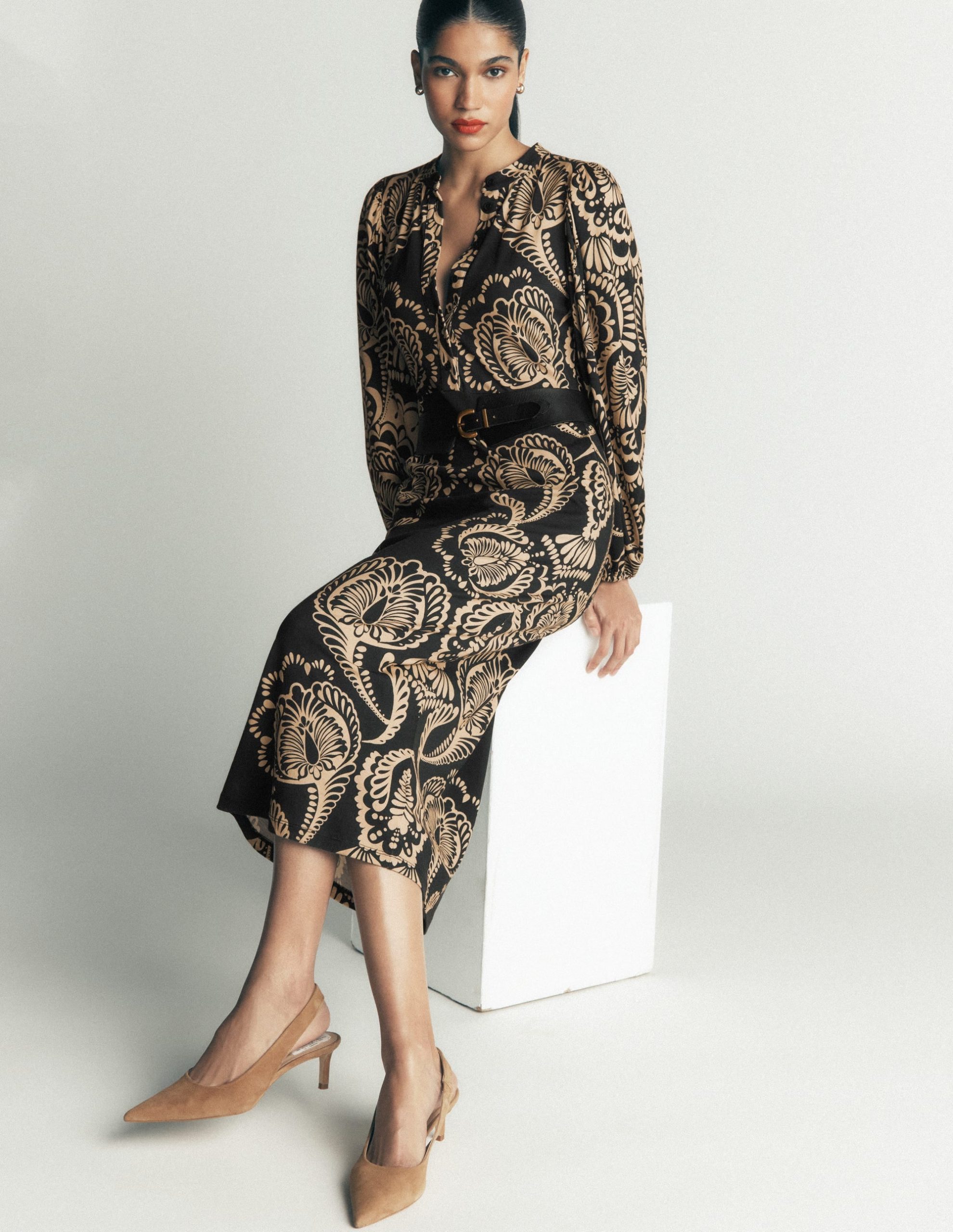 Eli Belted Jersey Midi Dress-Black. Flourishing Medley