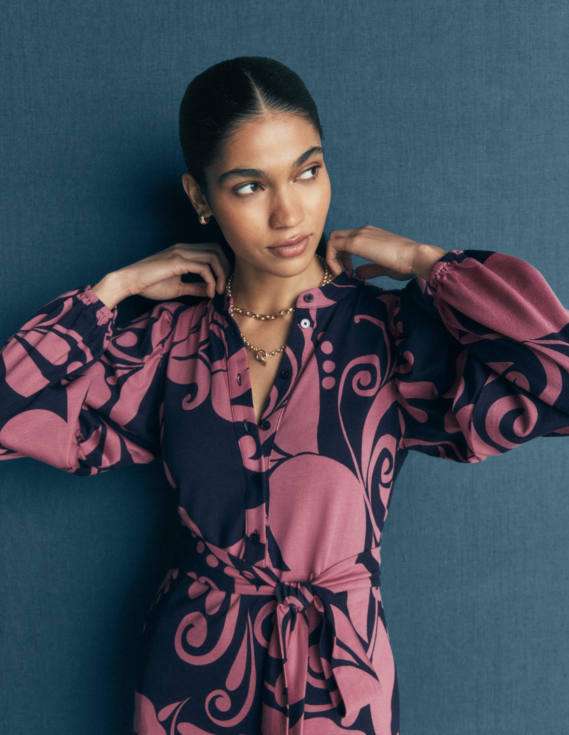 Eli Belted Jersey Midi Dress-Pink Heather. Floral Breeze - Image 3
