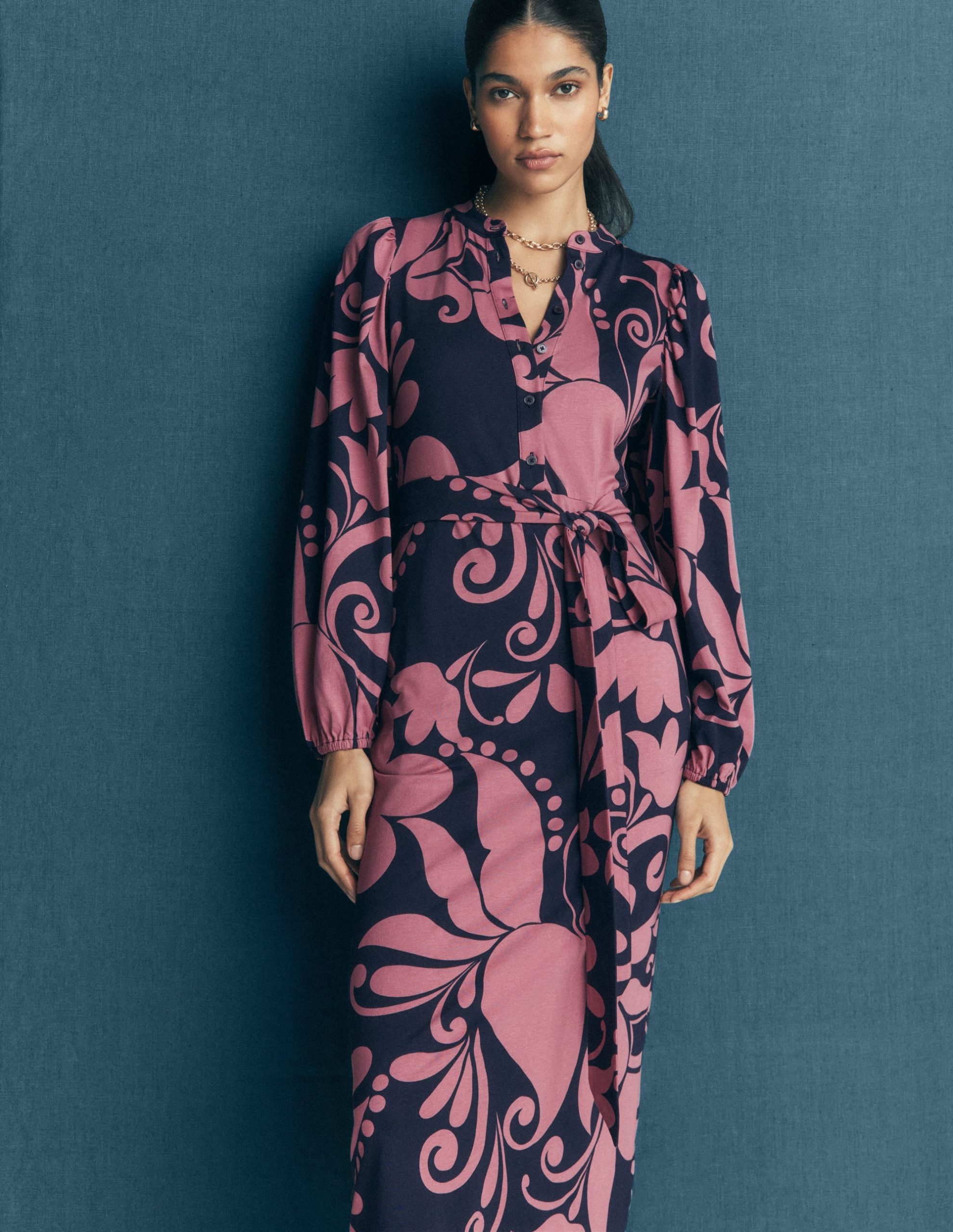 Eli Belted Jersey Midi Dress-Pink Heather. Floral Breeze - Image 2