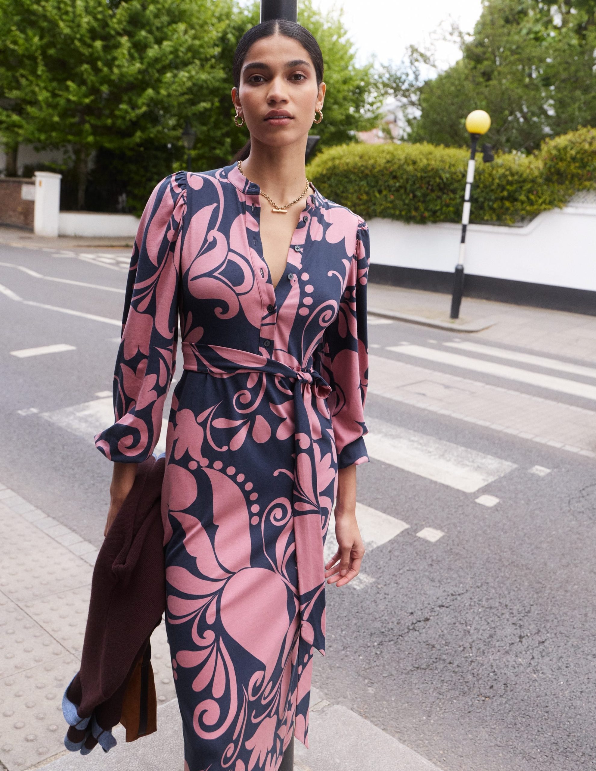 Eli Belted Jersey Midi Dress-Pink Heather. Floral Breeze