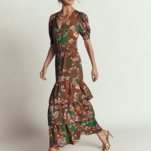 V Neck Layered Dress-Woodland. Whimsical Flora