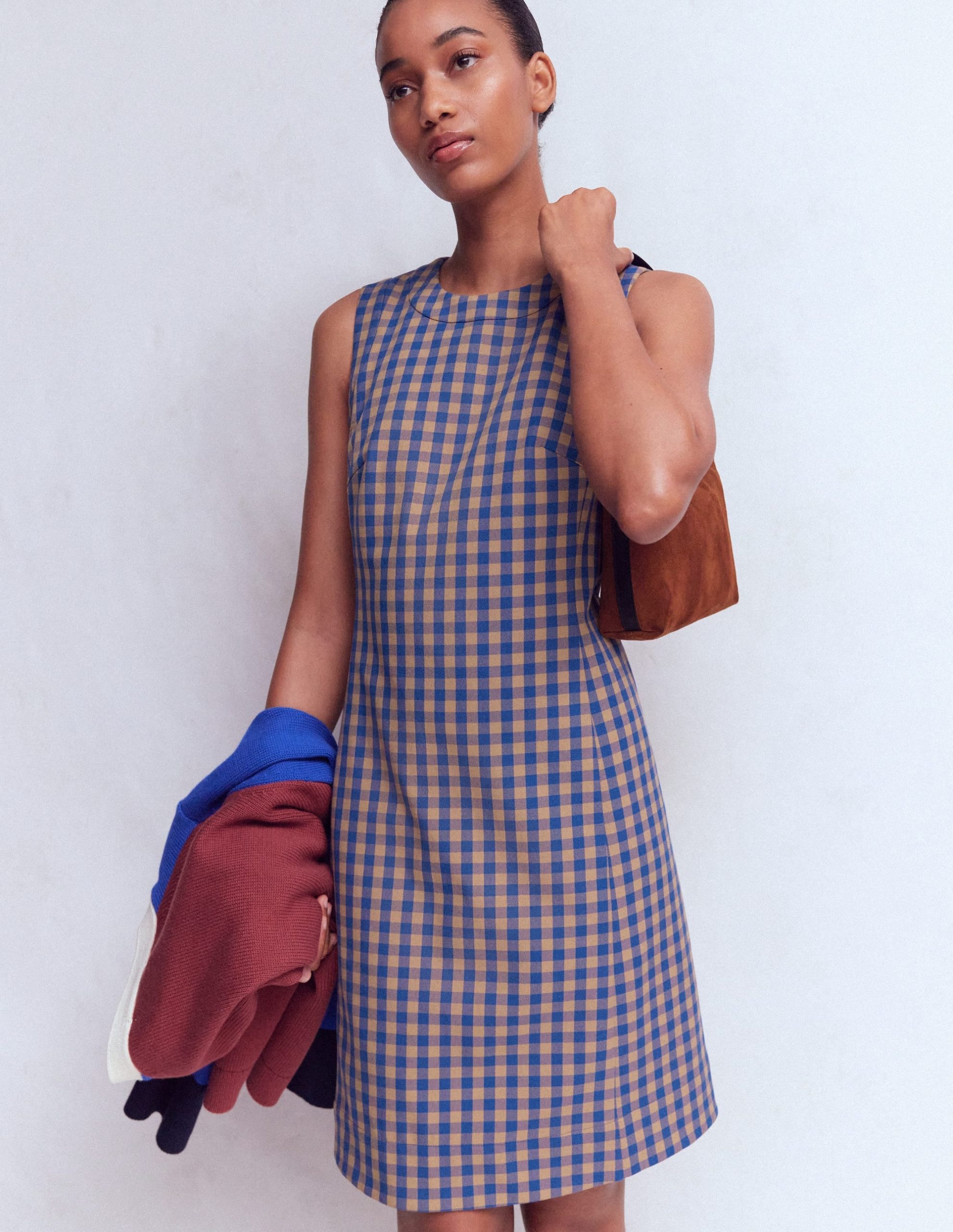 Lou Check Shift Dress-Camel. Blue Gingham