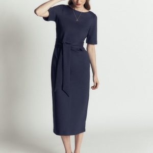 Belted Ponte Midi Dress-Navy