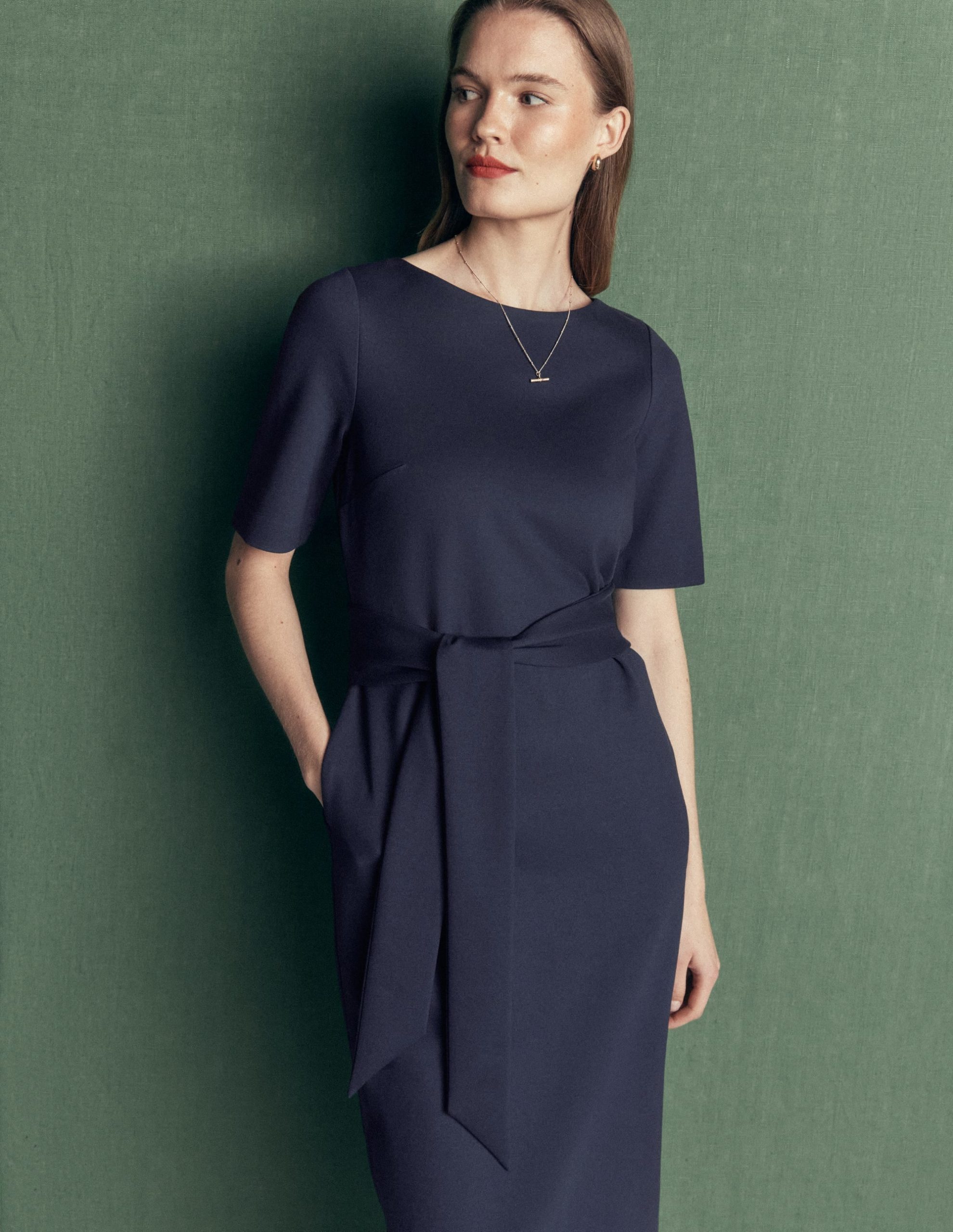 Belted Ponte Midi Dress-Navy - Image 2