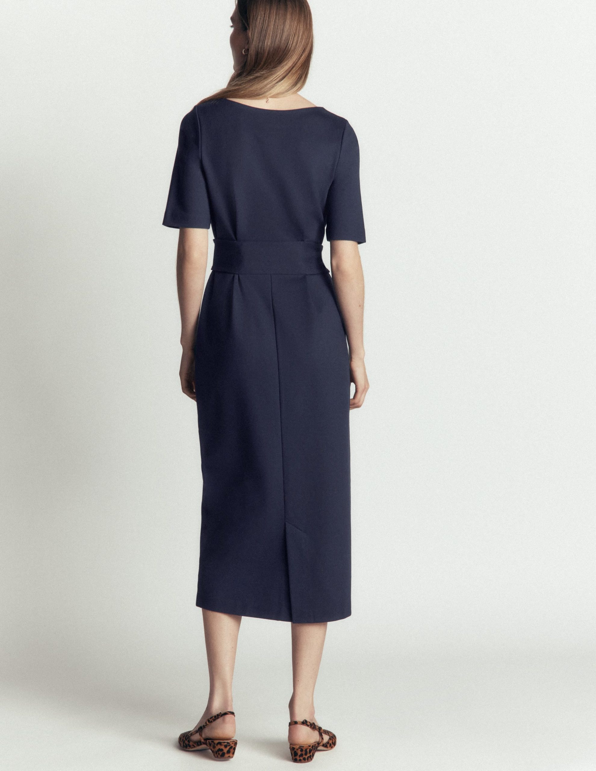 Belted Ponte Midi Dress-Navy - Image 3