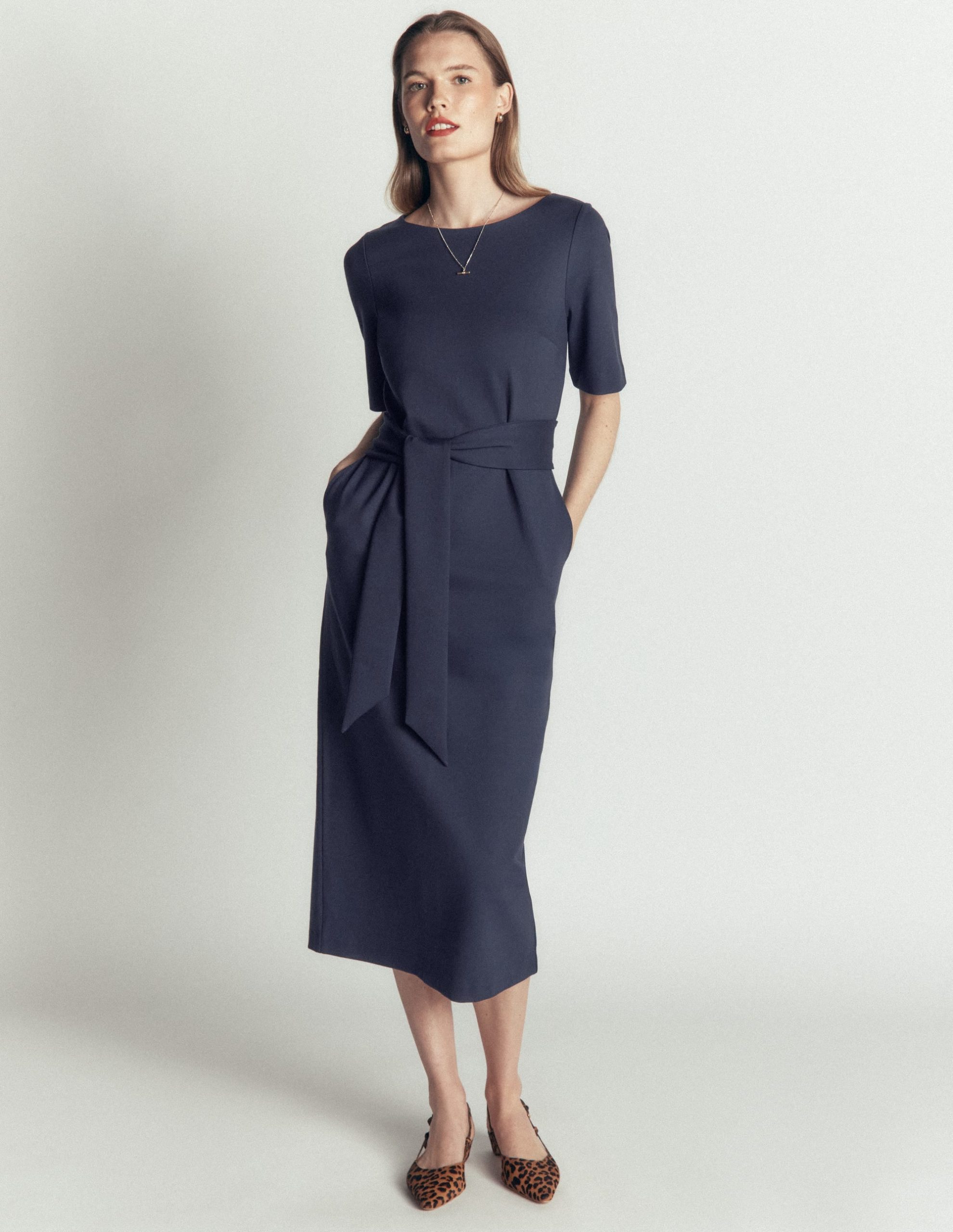 Belted Ponte Midi Dress-Navy - Image 4