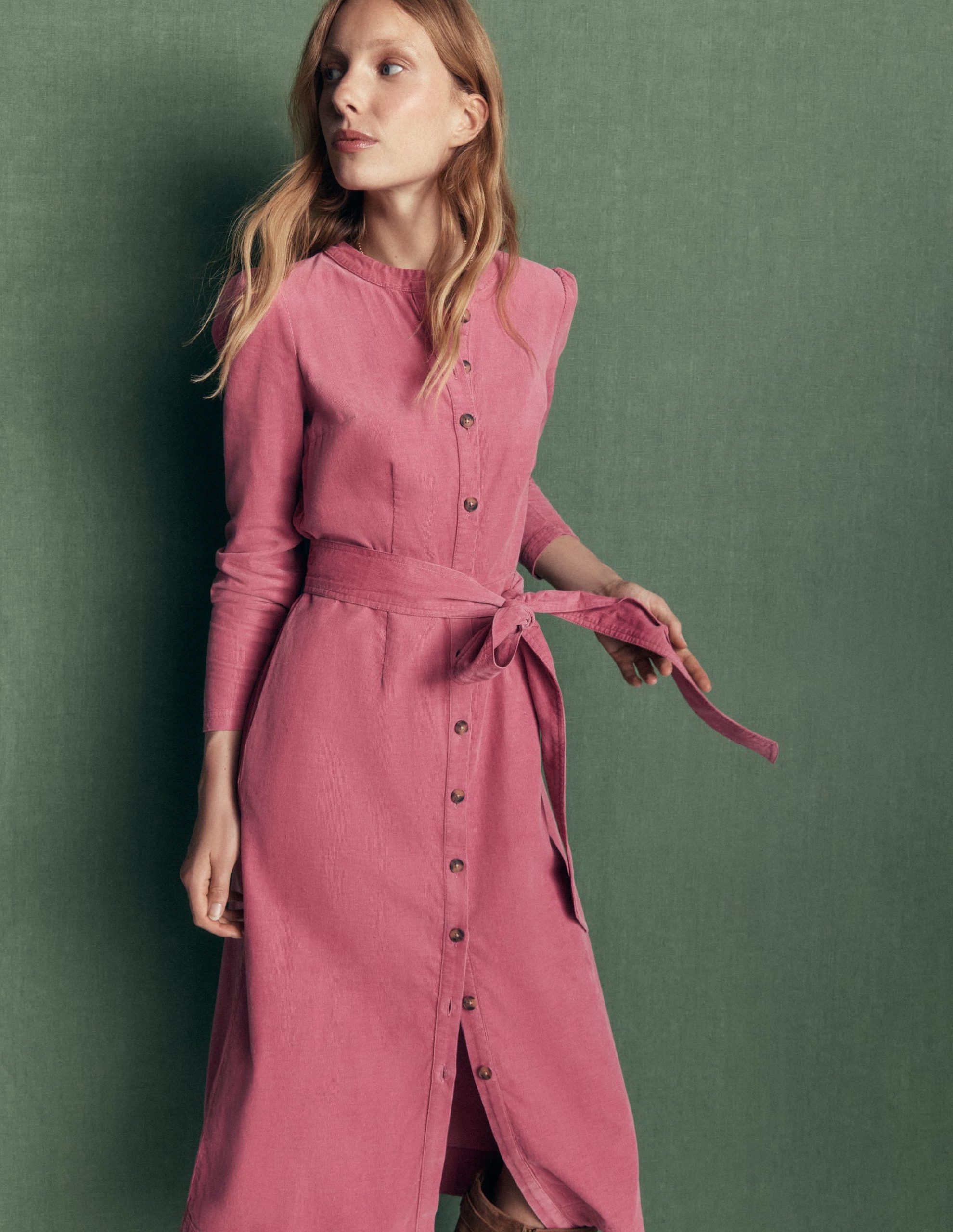 Louise Cord Midi Shirt Dress-Pink Heather - Image 6