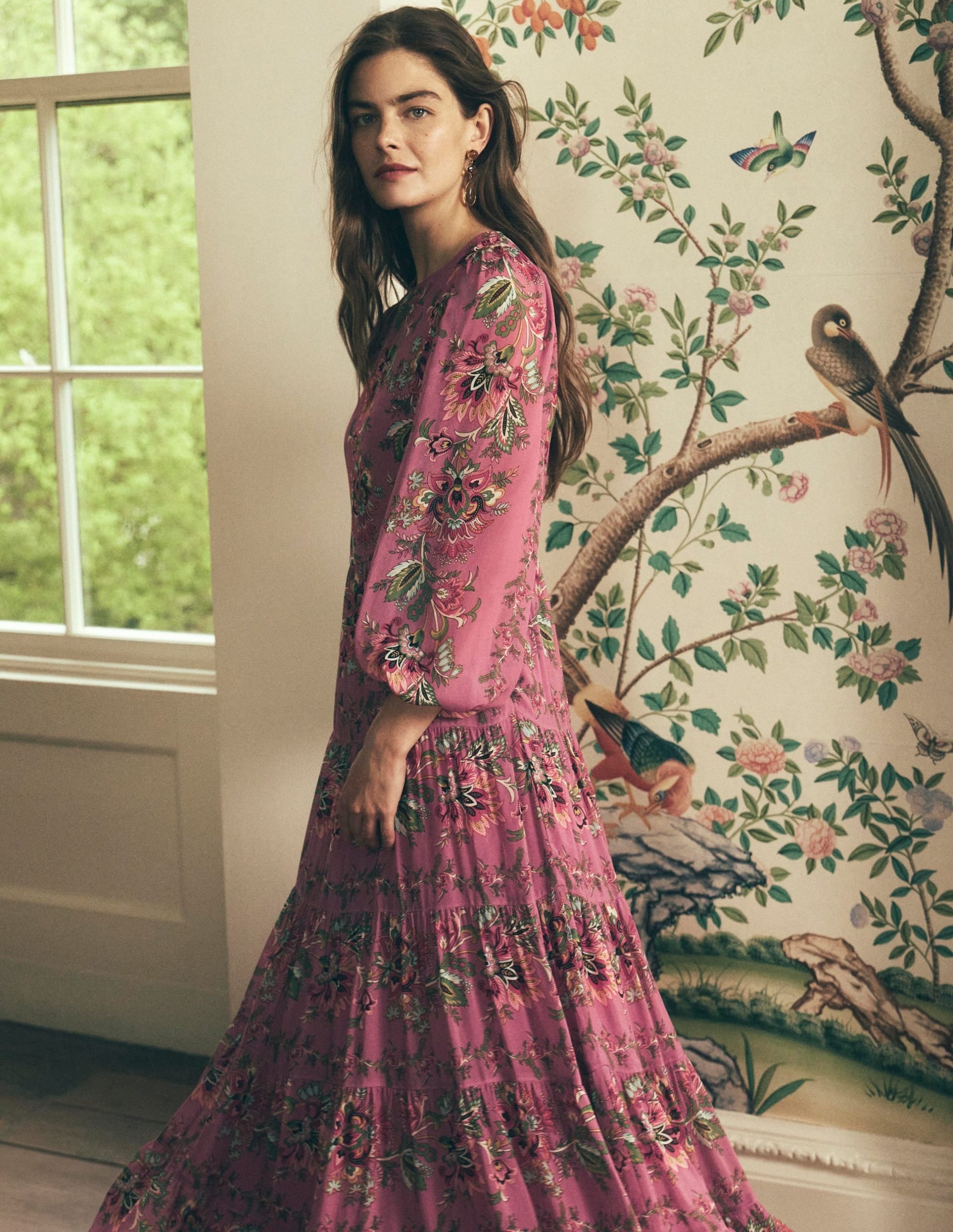 Multi Tiered Maxi Dress-Pink Heather. Frosted Flora