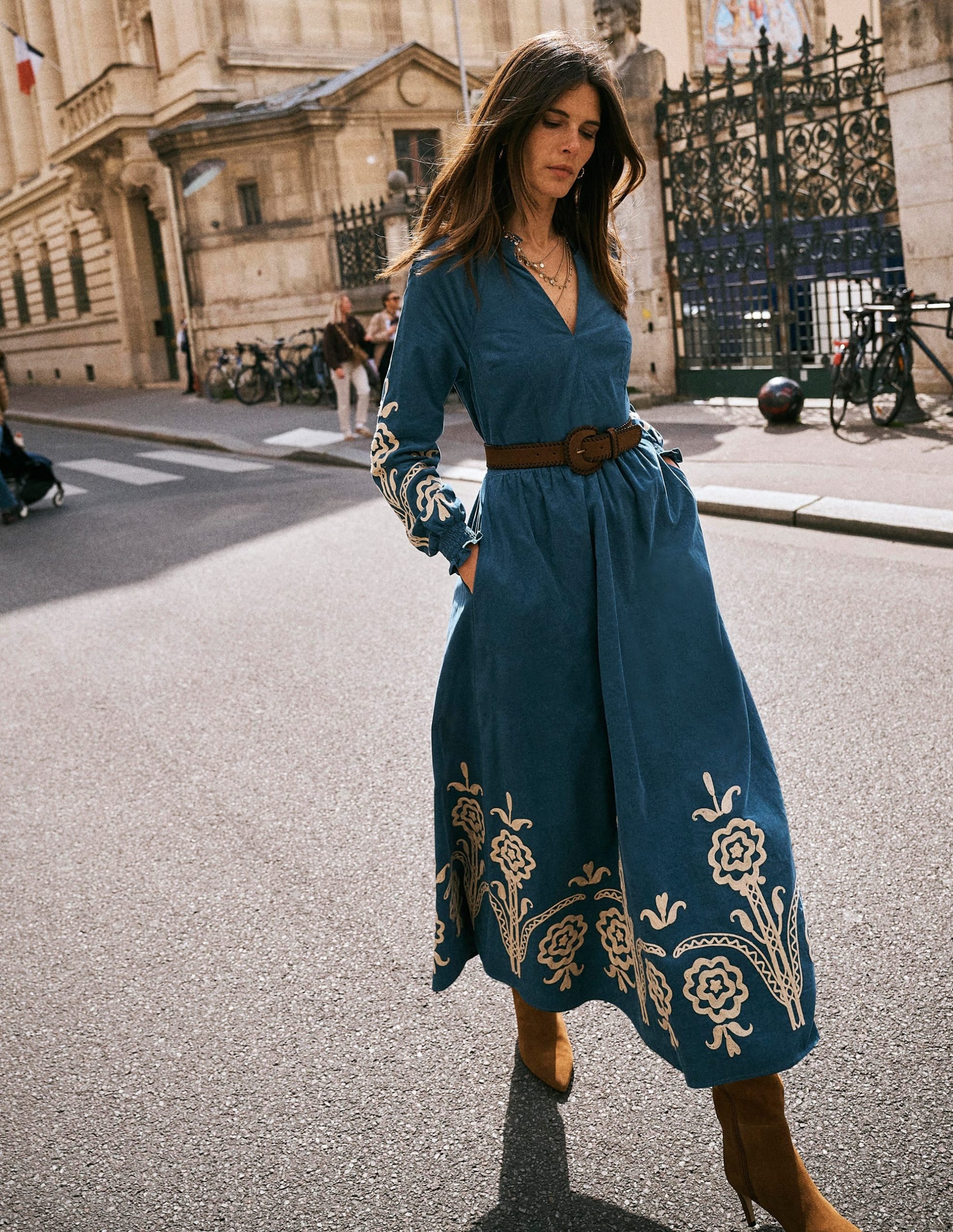 Smocked Cord Midi Dress-Storm Blue. Embroidery