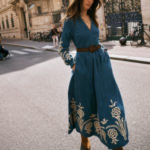 Smocked Cord Midi Dress-Storm Blue. Embroidery