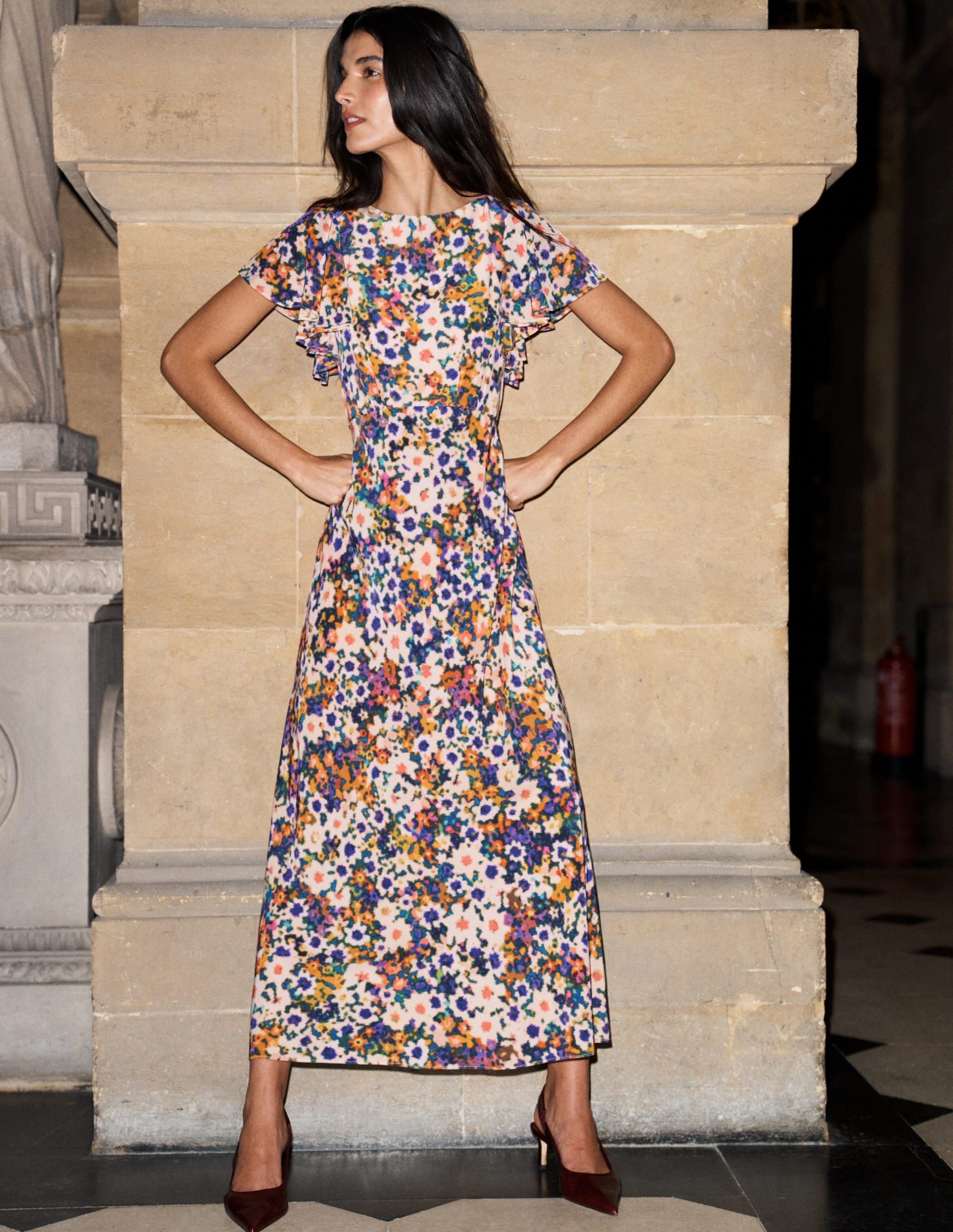 Draped Sleeve Occasion Dress-Multi. Flora Fusion