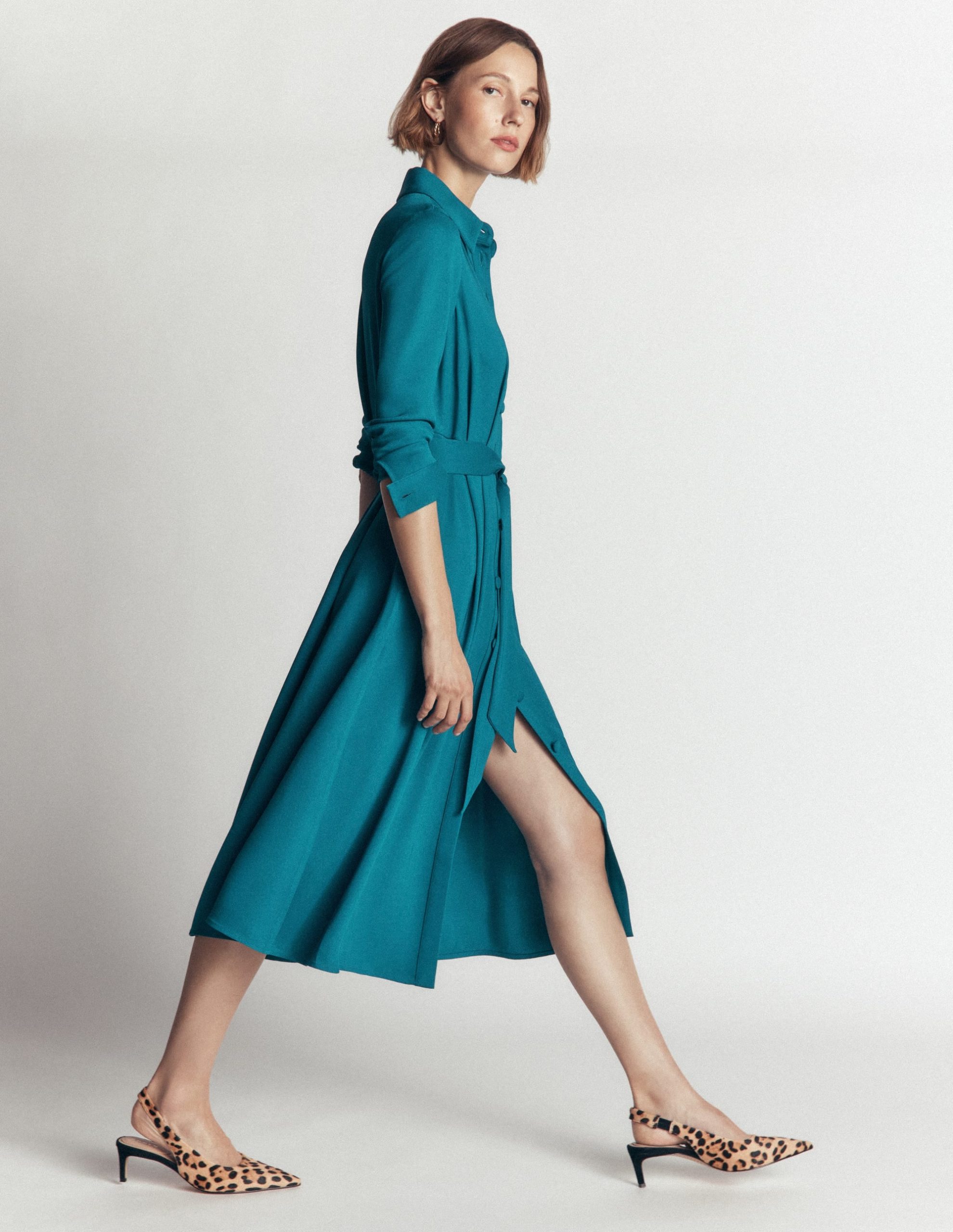 Kate Pleated Shirt Dress-Deep Sea Green - Image 3