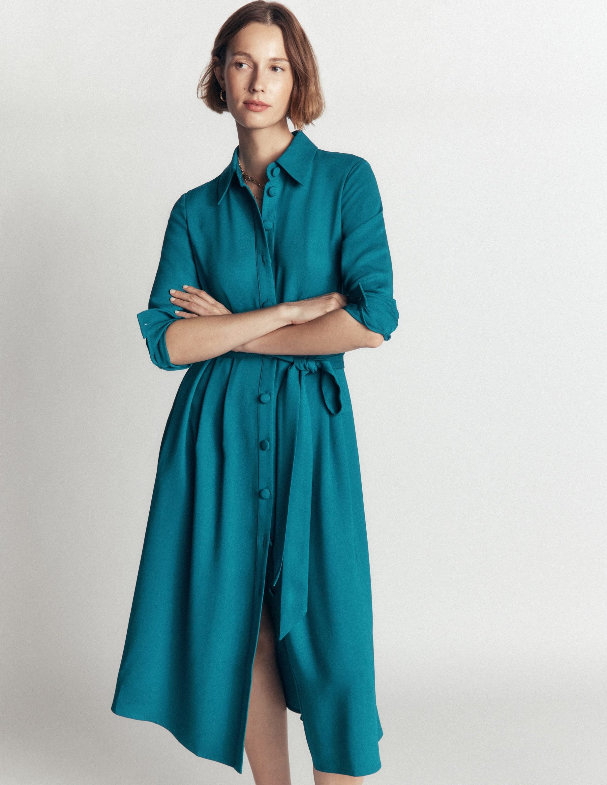 Kate Pleated Shirt Dress-Deep Sea Green - Image 4