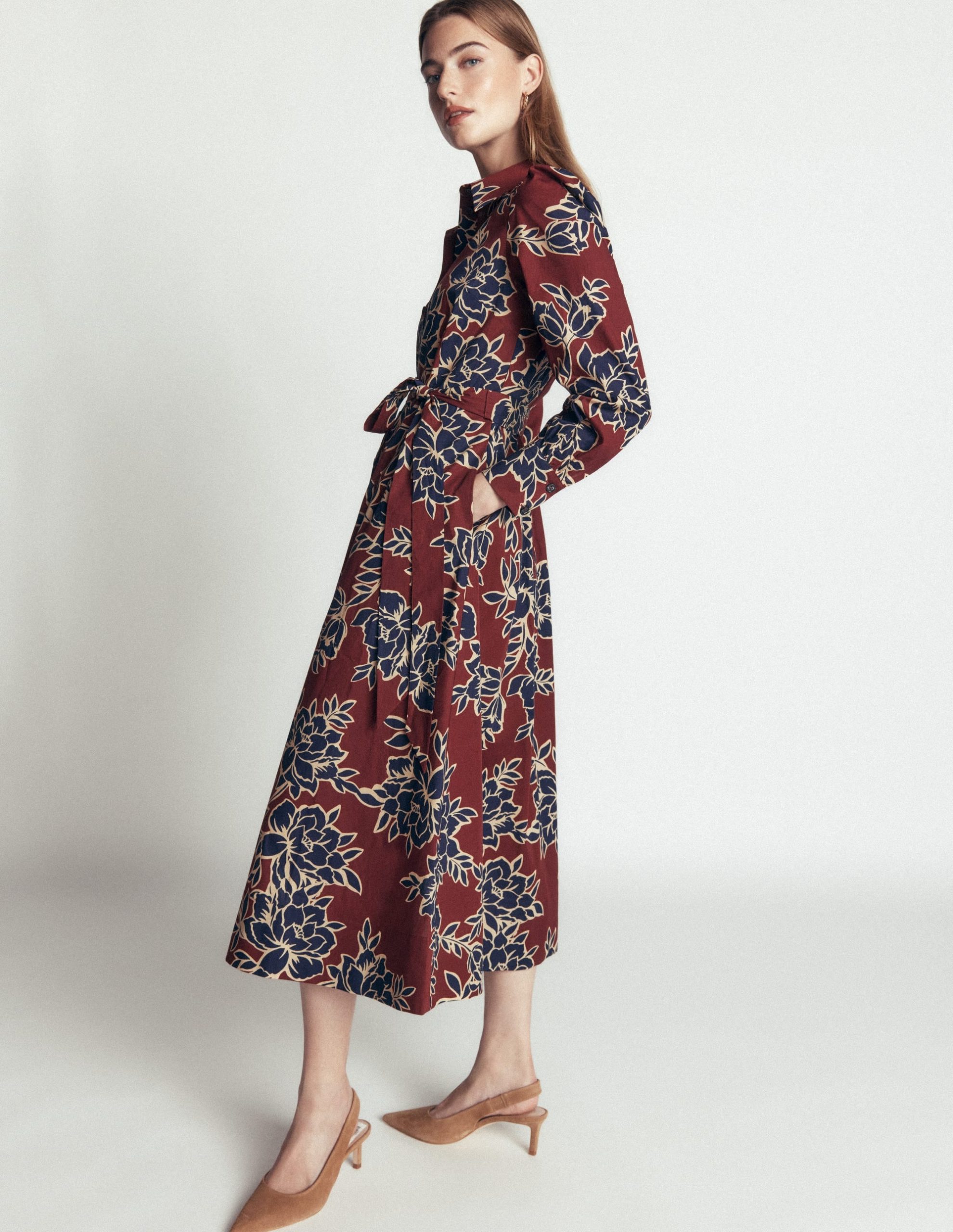 Maeve Cotton Midi Shirt Dress-Brown. Enchanted Peony Large