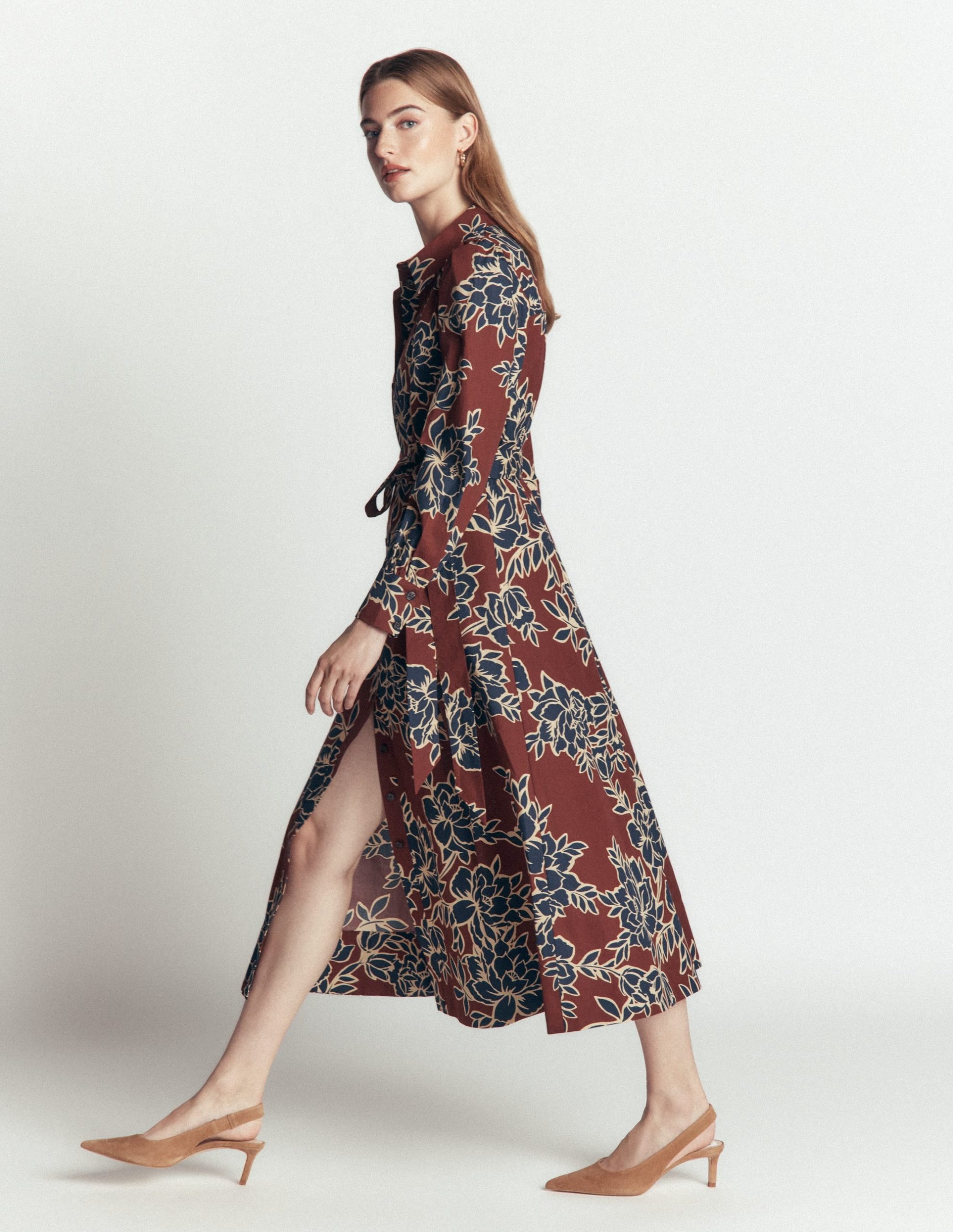 Maeve Cotton Midi Shirt Dress-Brown. Enchanted Peony Large - Image 4