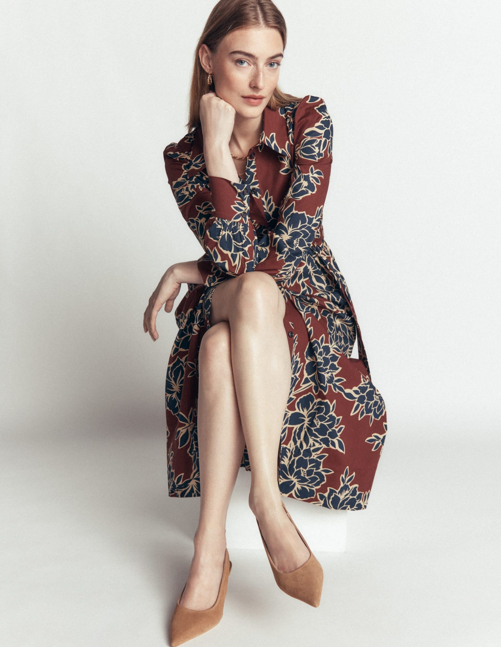 Maeve Cotton Midi Shirt Dress-Brown. Enchanted Peony Large - Image 5