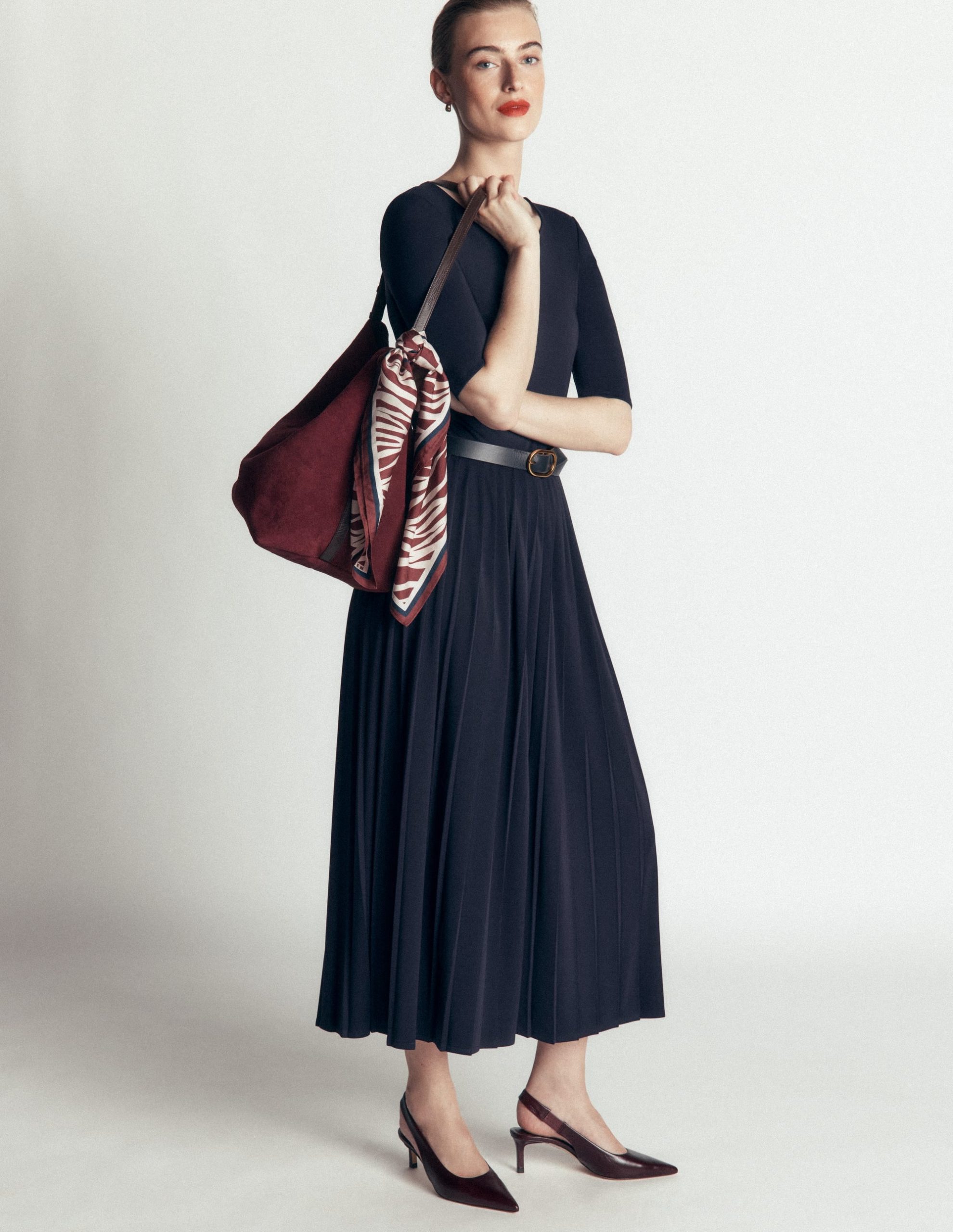 Pleated Jersey Midi Dress-Navy - Image 3