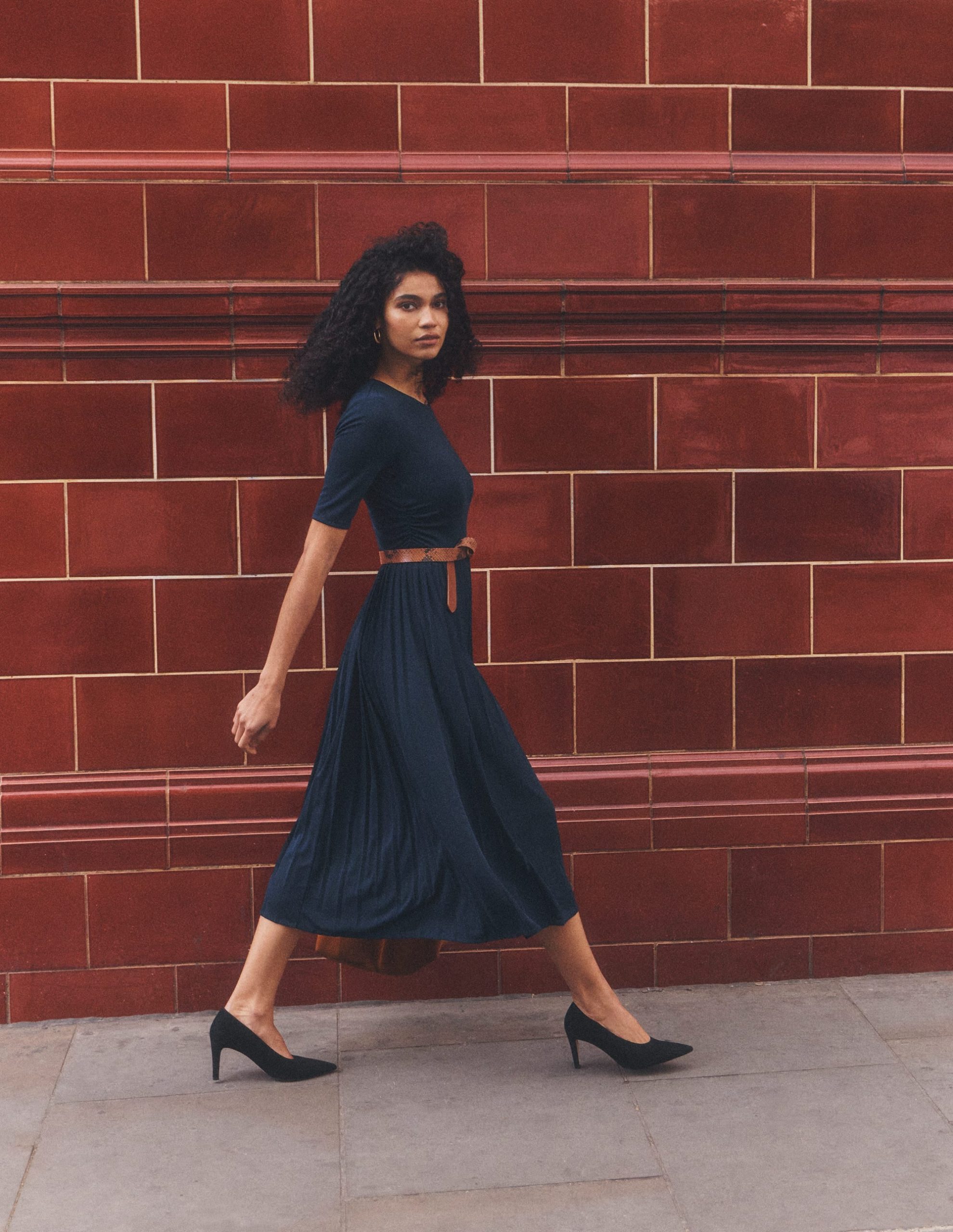 Pleated Jersey Midi Dress-Navy