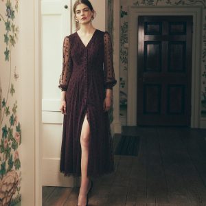 Pleated Tulle Midi Dress-Dark Cherry
