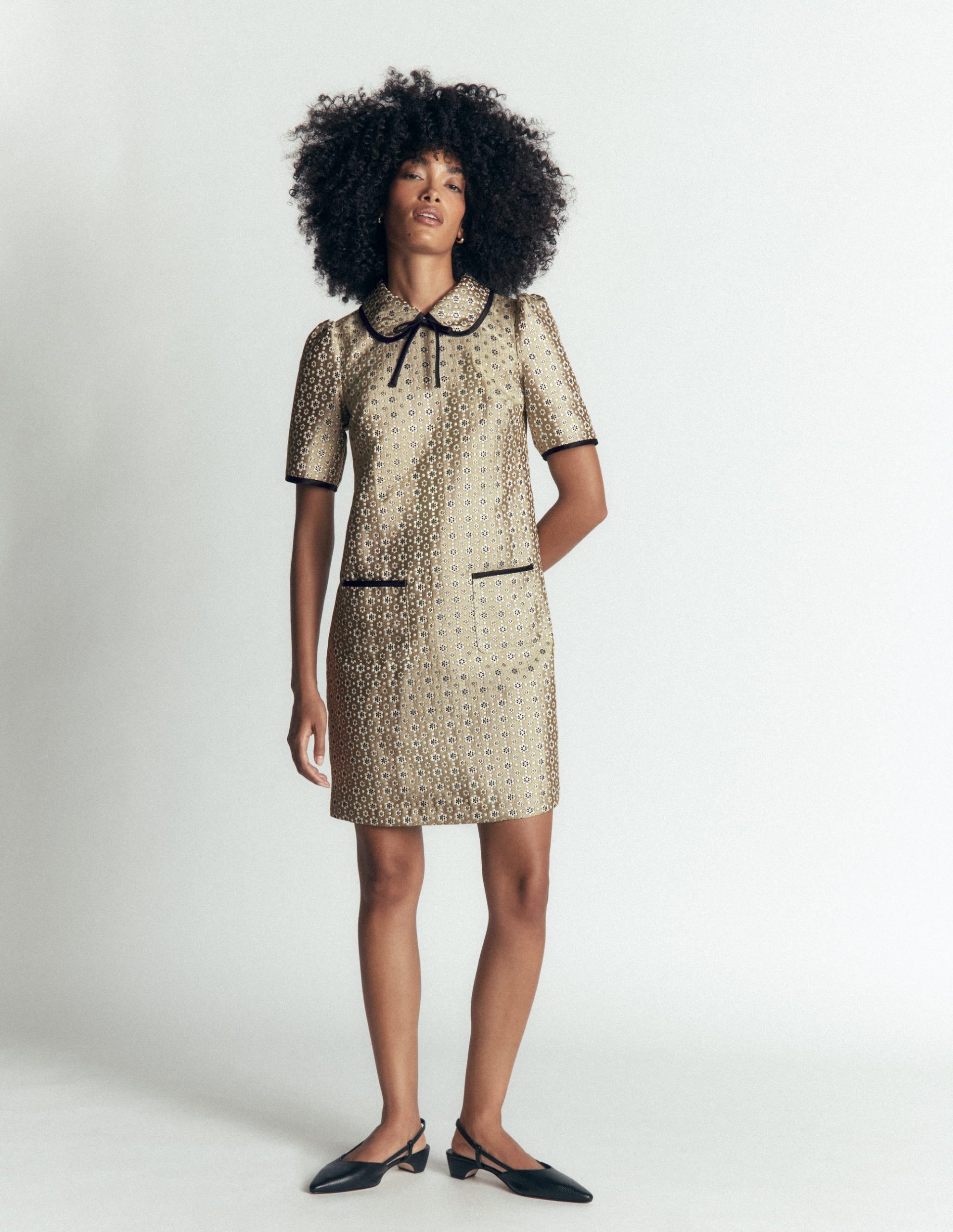 Bow Detail Pocket Shift Dress-Gold Jacquard - Image 2