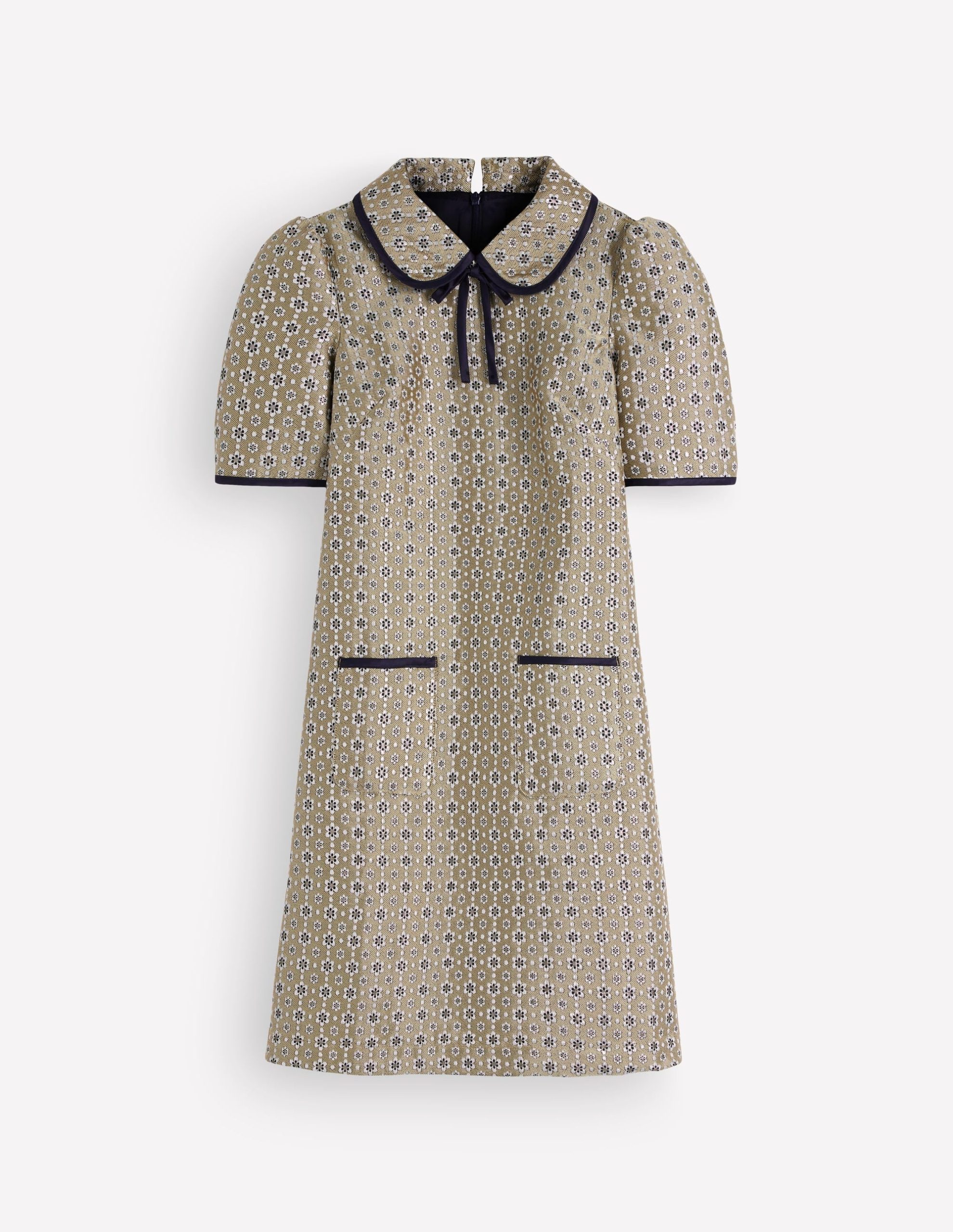Bow Detail Pocket Shift Dress-Gold Jacquard - Image 6