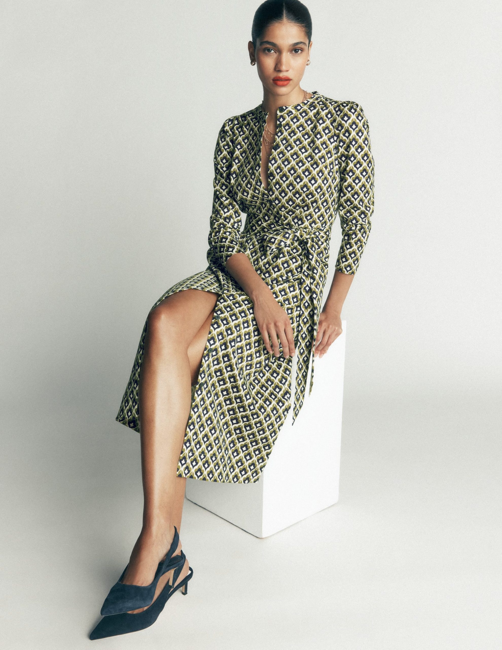 Louise Midi Shirt Dress-French Navy. Geo Party - Image 2
