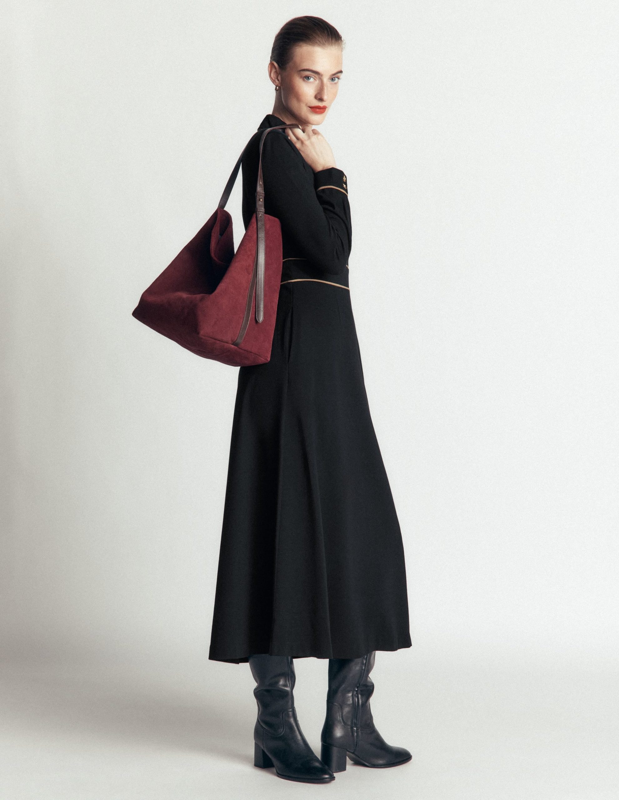 Etta Piping Detail Ponte Dress-Black. Camel