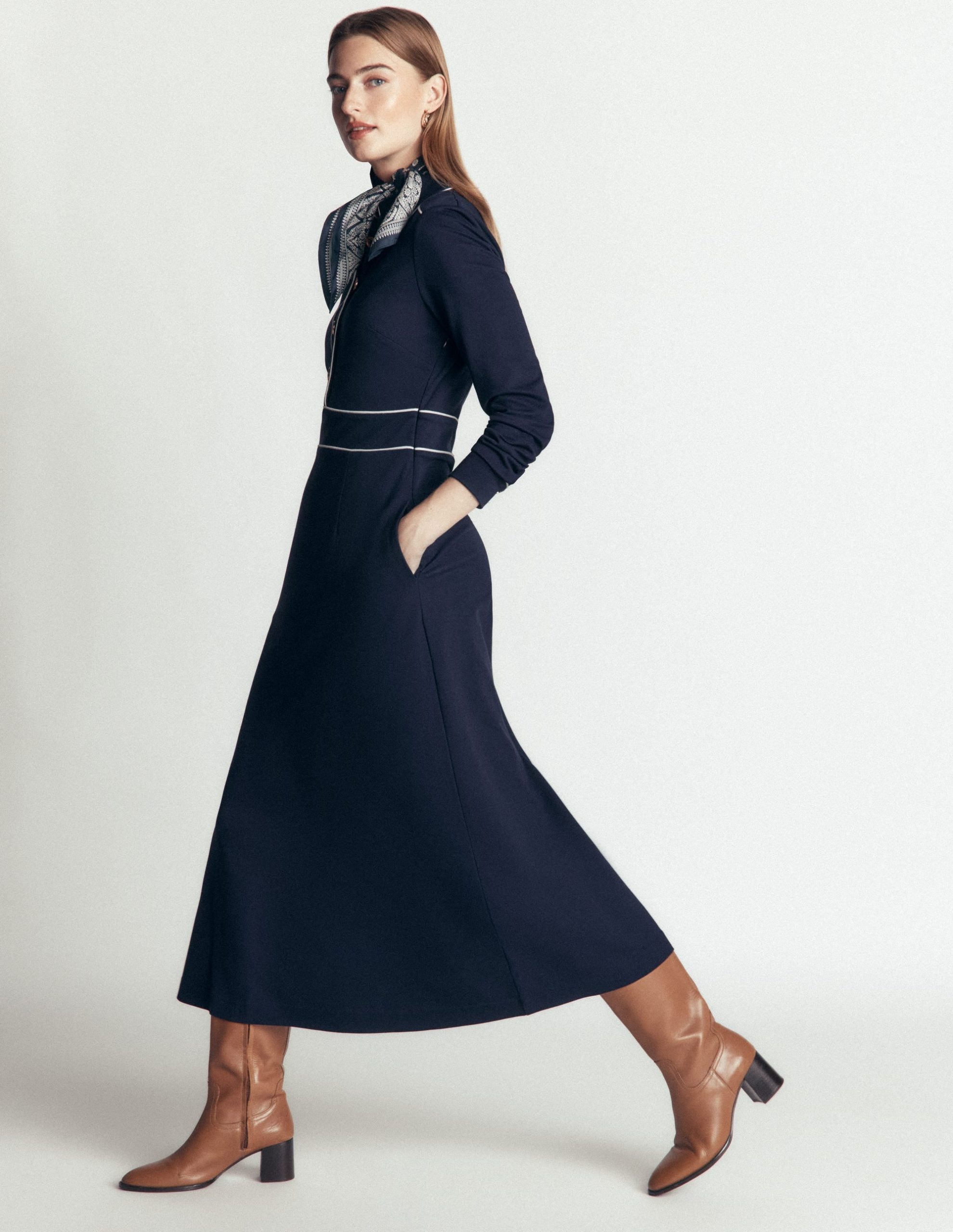Etta Piping Detail Ponte Dress-Navy. Ivory - Image 2