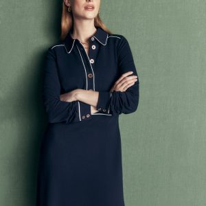 Etta Piping Detail Ponte Dress-Navy. Ivory