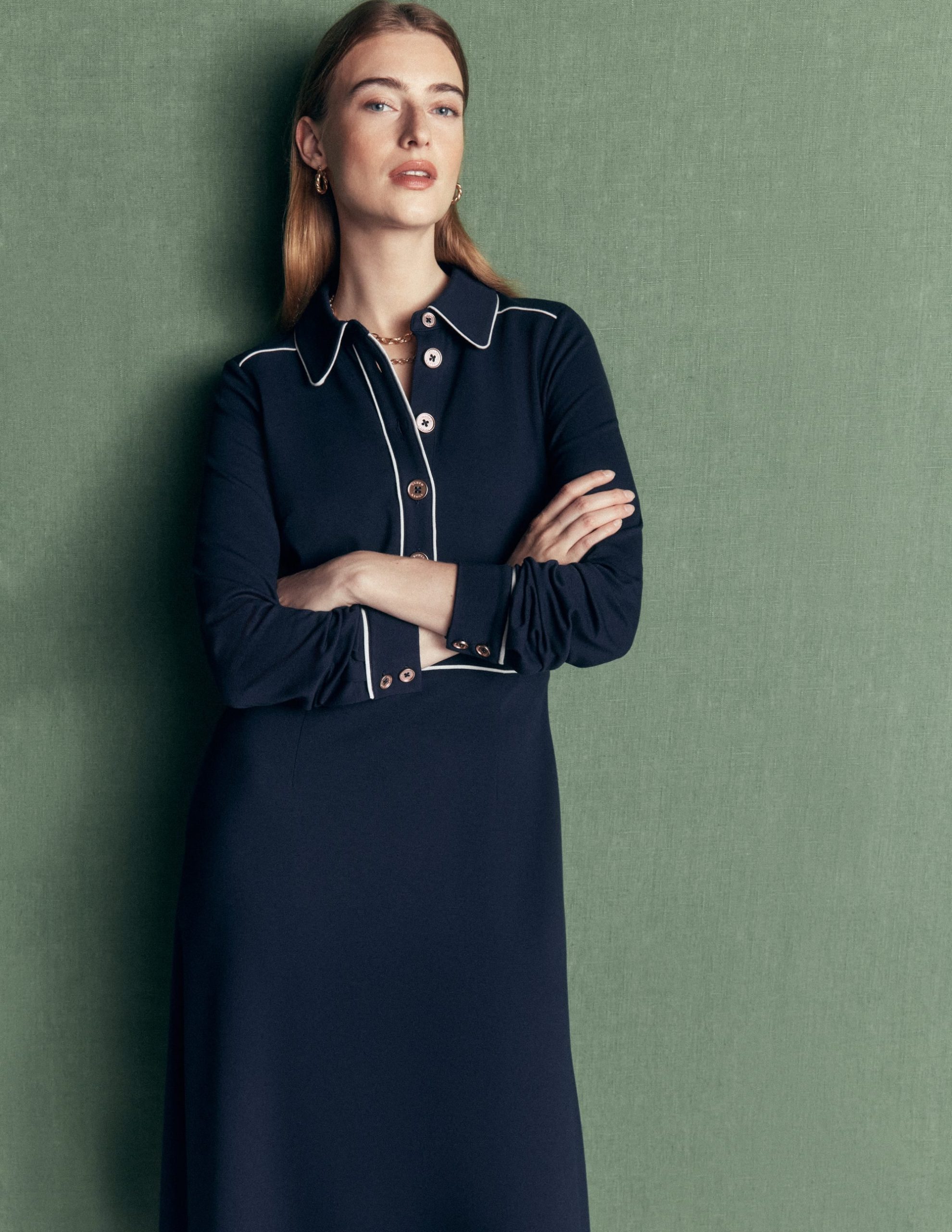 Etta Piping Detail Ponte Dress-Navy. Ivory