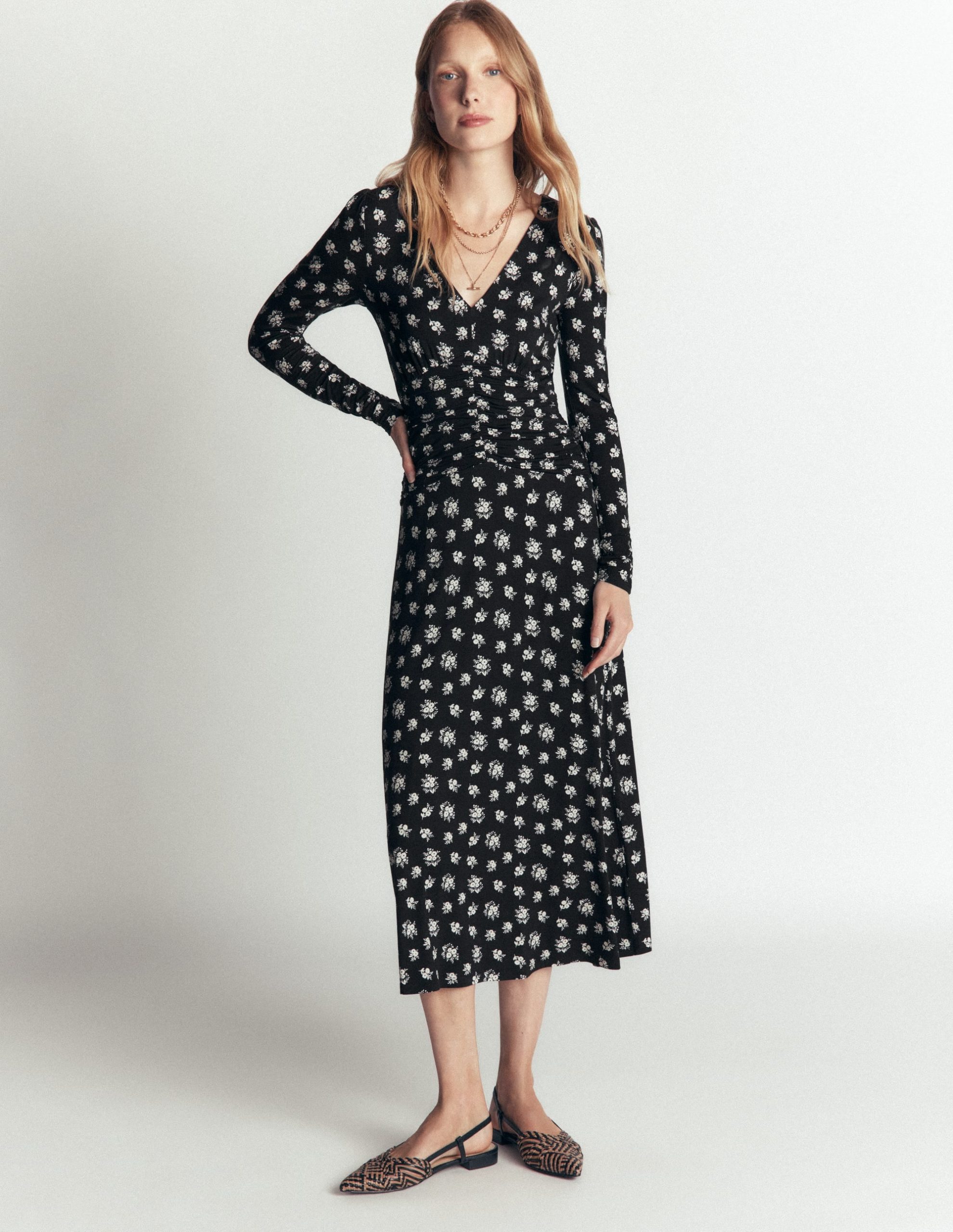 Mya Ruched Jersey Midi Dress-French Navy. Delicate Garden