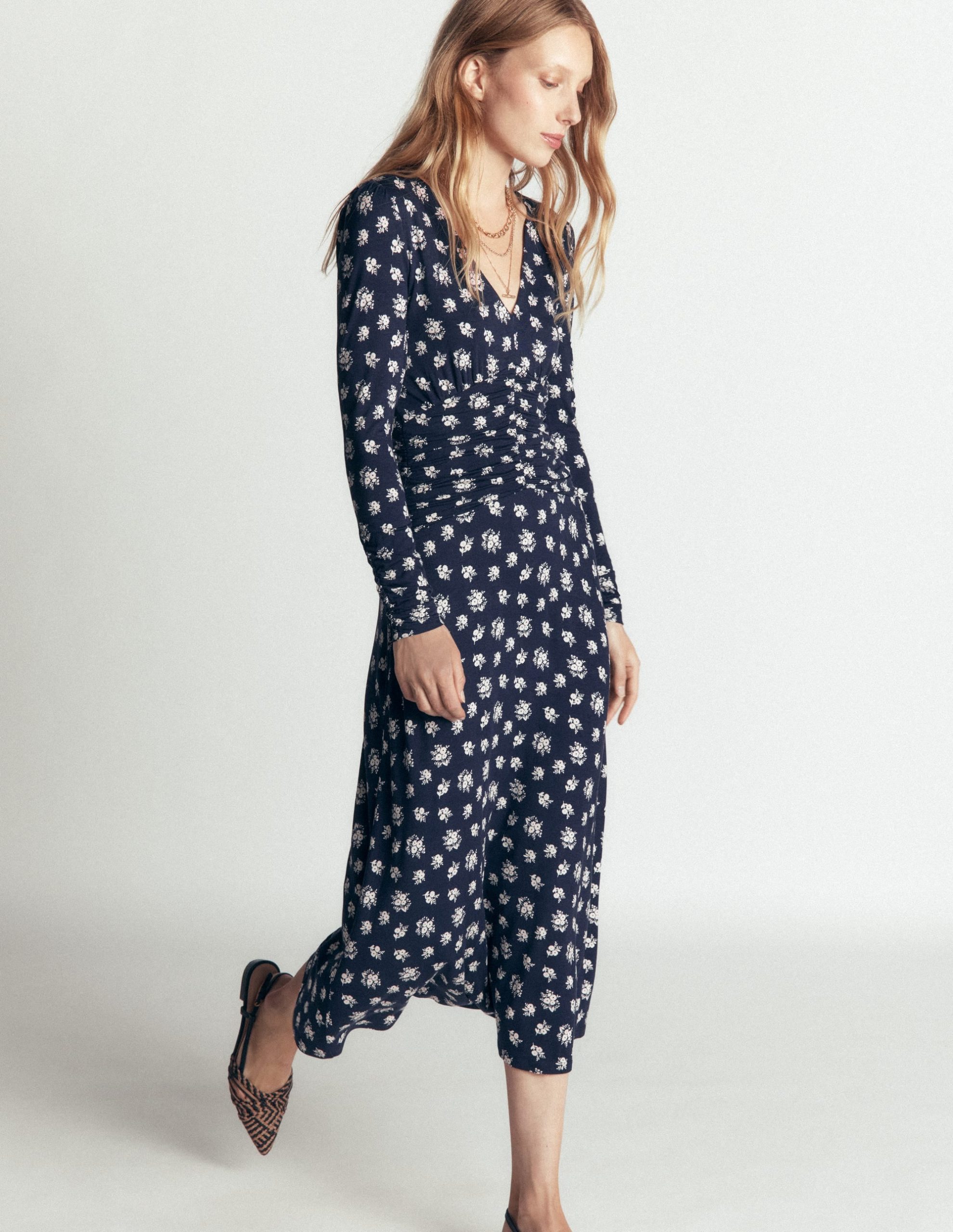 Mya Ruched Jersey Midi Dress-French Navy. Delicate Garden - Image 4