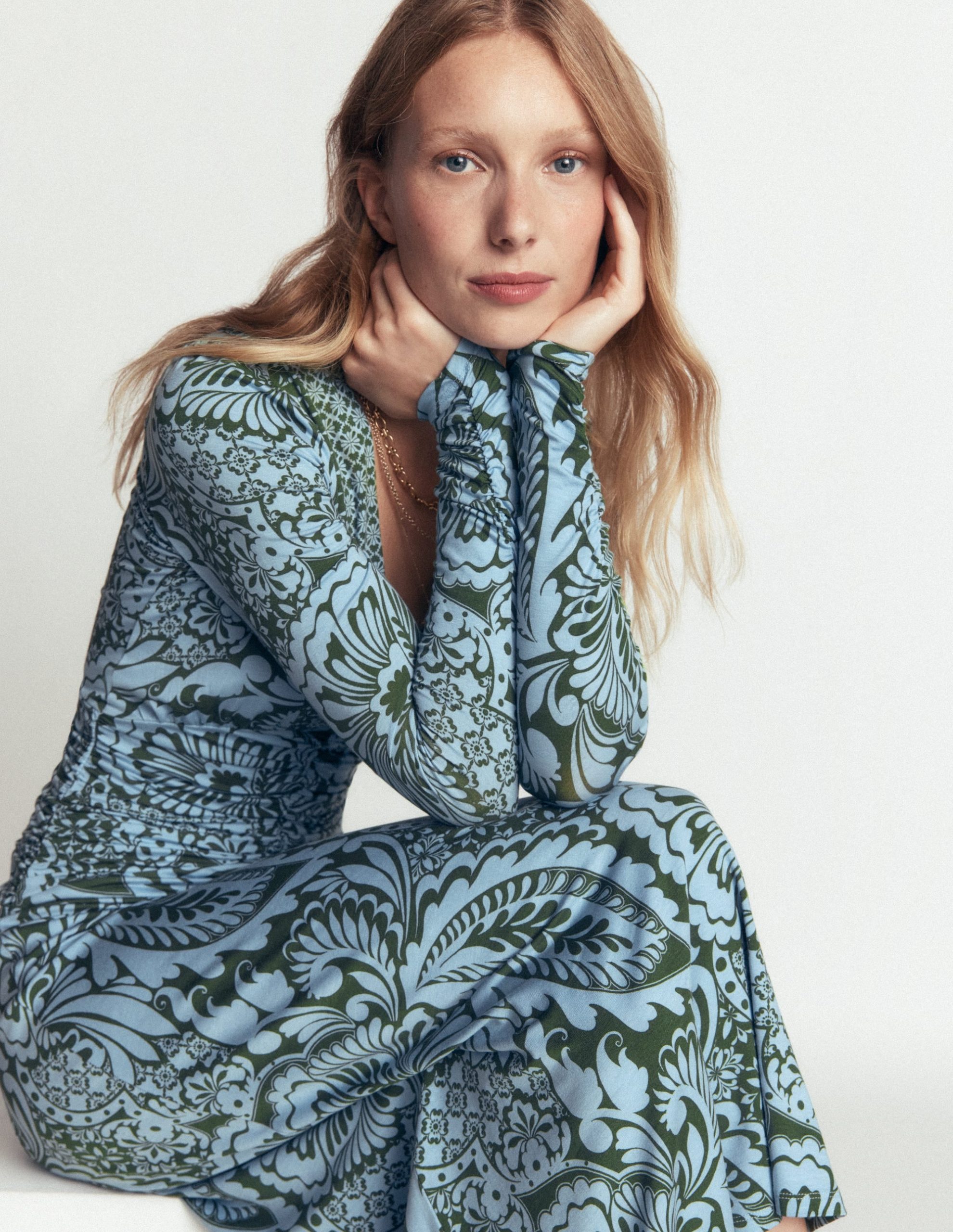 Mya Ruched Jersey Midi Dress-Forest Green. Botanical Medley - Image 2