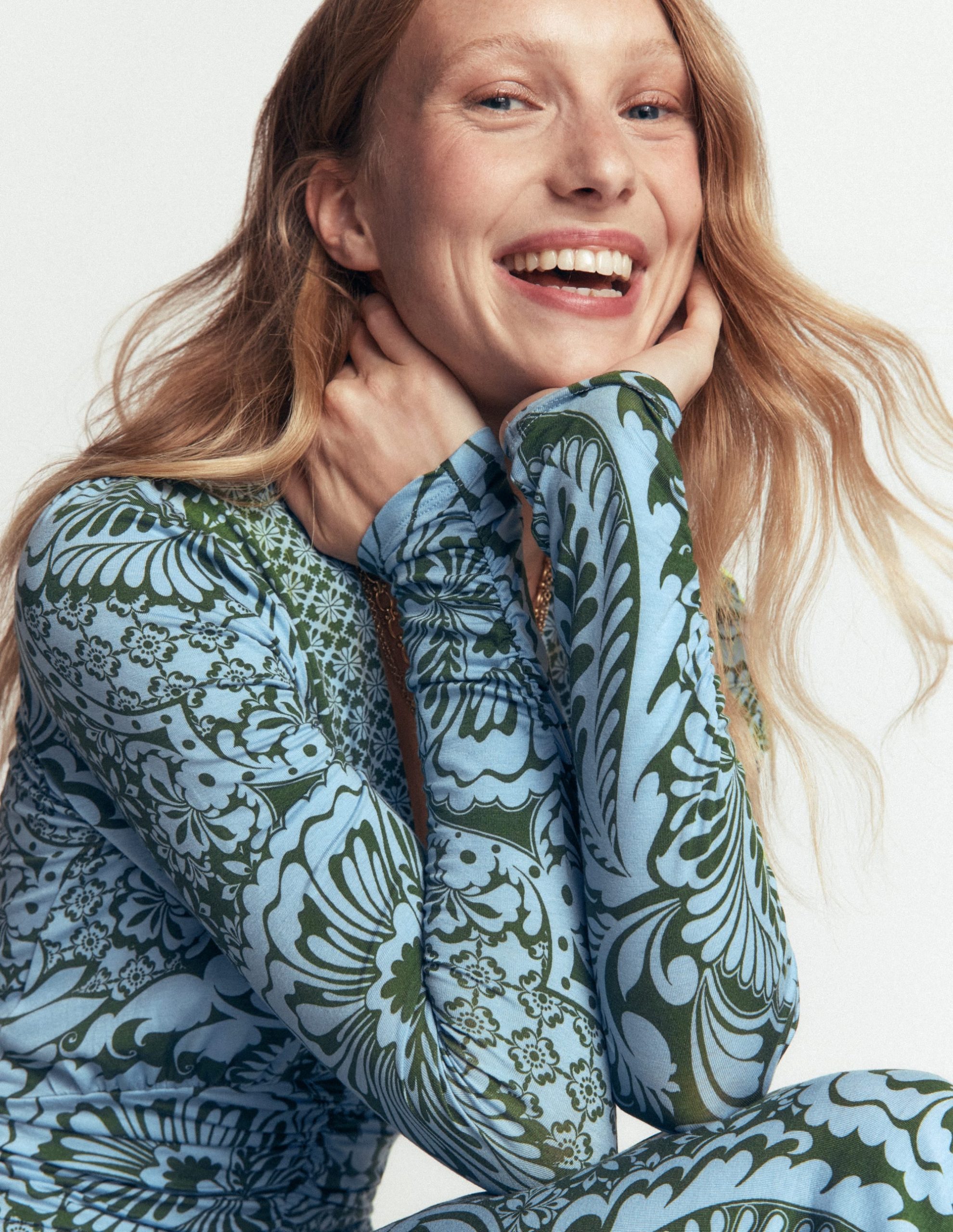 Mya Ruched Jersey Midi Dress-Forest Green. Botanical Medley - Image 3