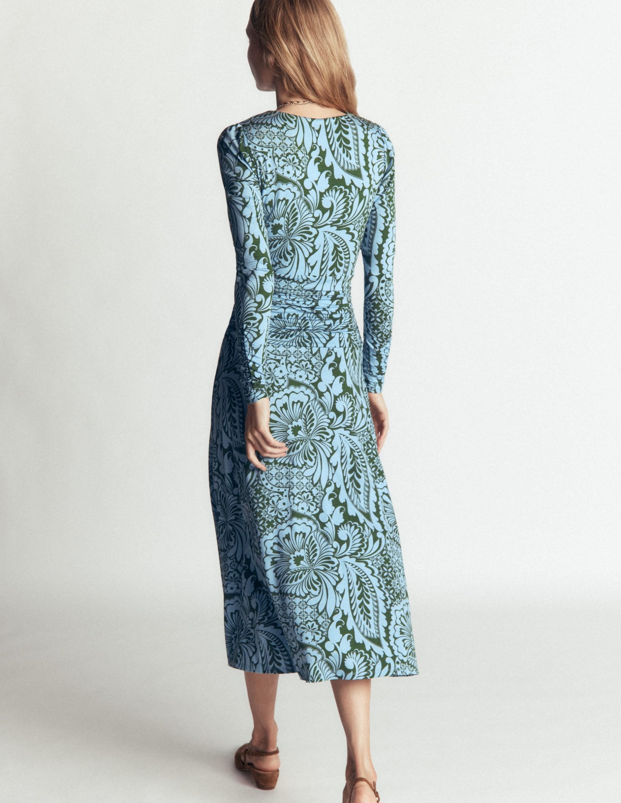 Mya Ruched Jersey Midi Dress-Forest Green. Botanical Medley - Image 4