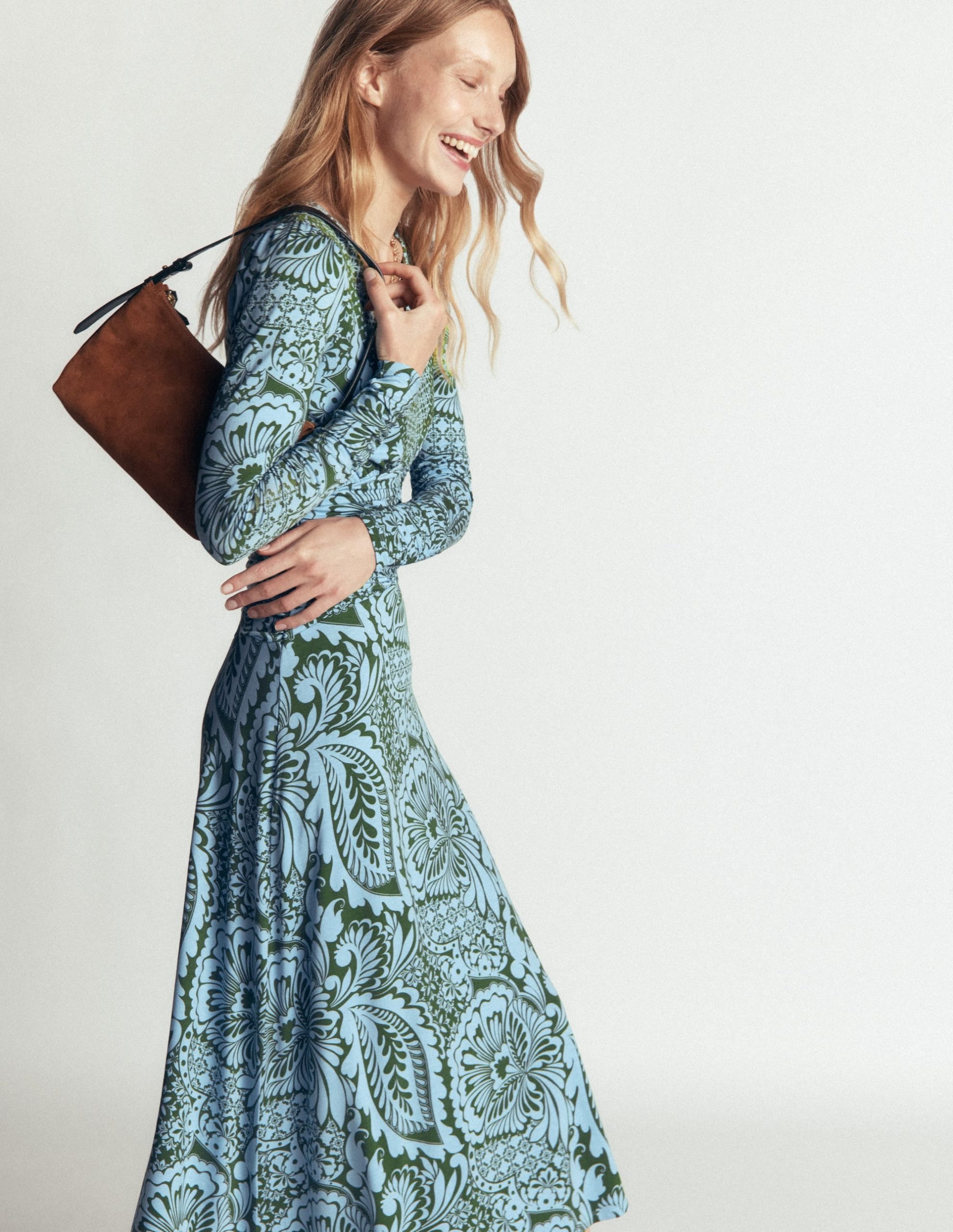 Mya Ruched Jersey Midi Dress-Forest Green. Botanical Medley - Image 5