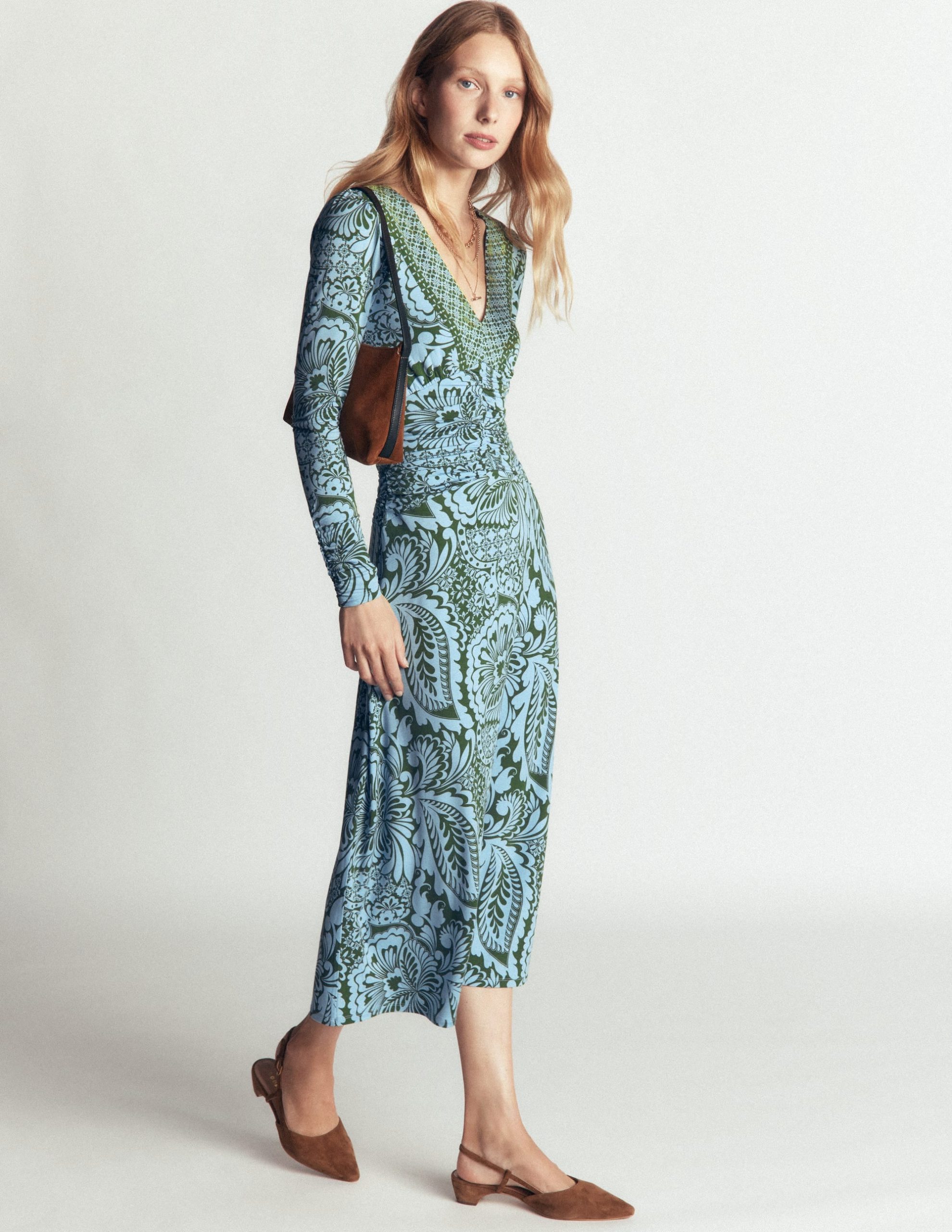 Mya Ruched Jersey Midi Dress-Forest Green. Botanical Medley - Image 6