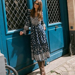 Blouson Tiered Jersey Dress-French Navy. Ornate Gardenia