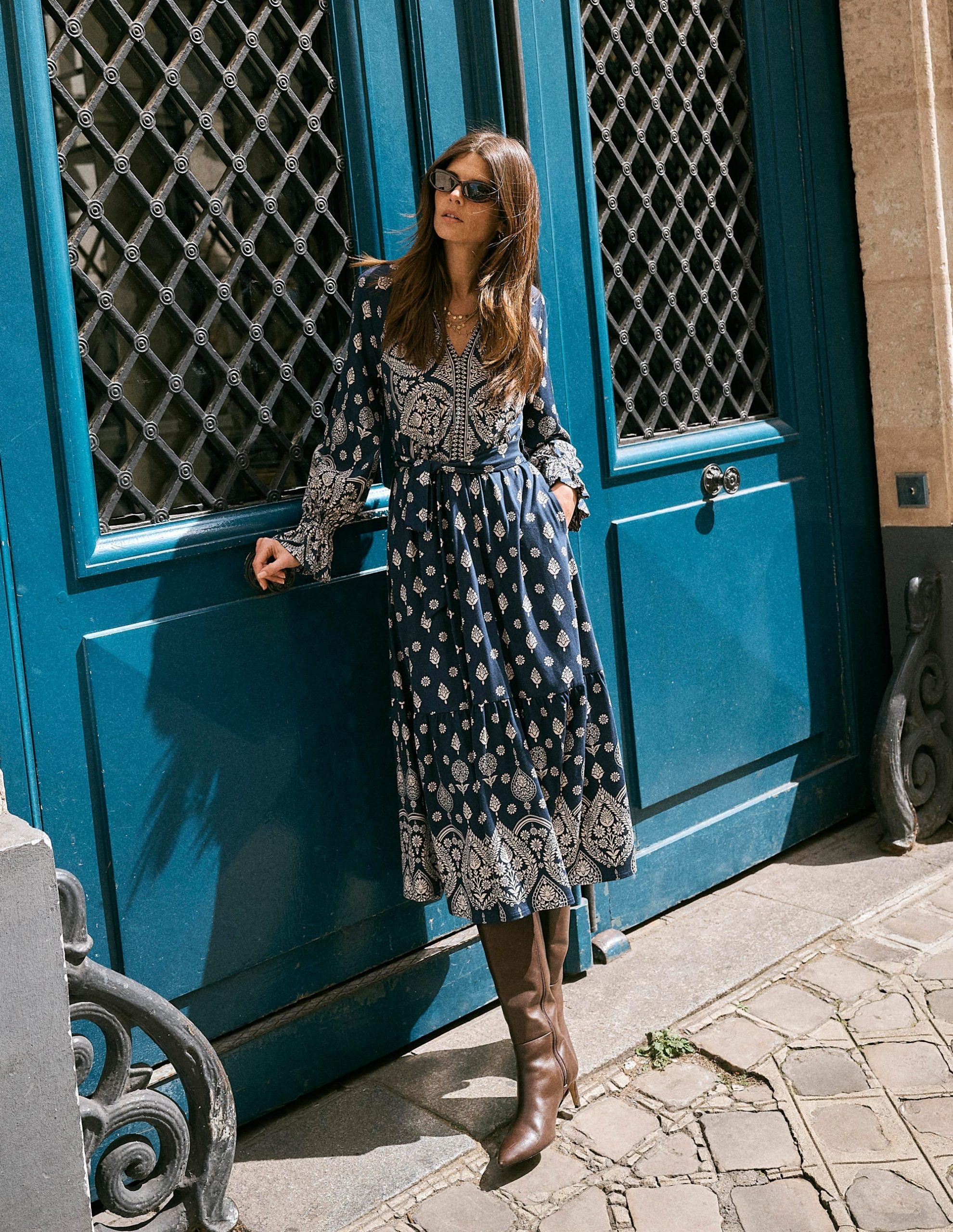 Blouson Tiered Jersey Dress-French Navy. Ornate Gardenia
