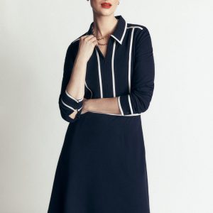Ula Ponte Short Dress-Navy. Ivory