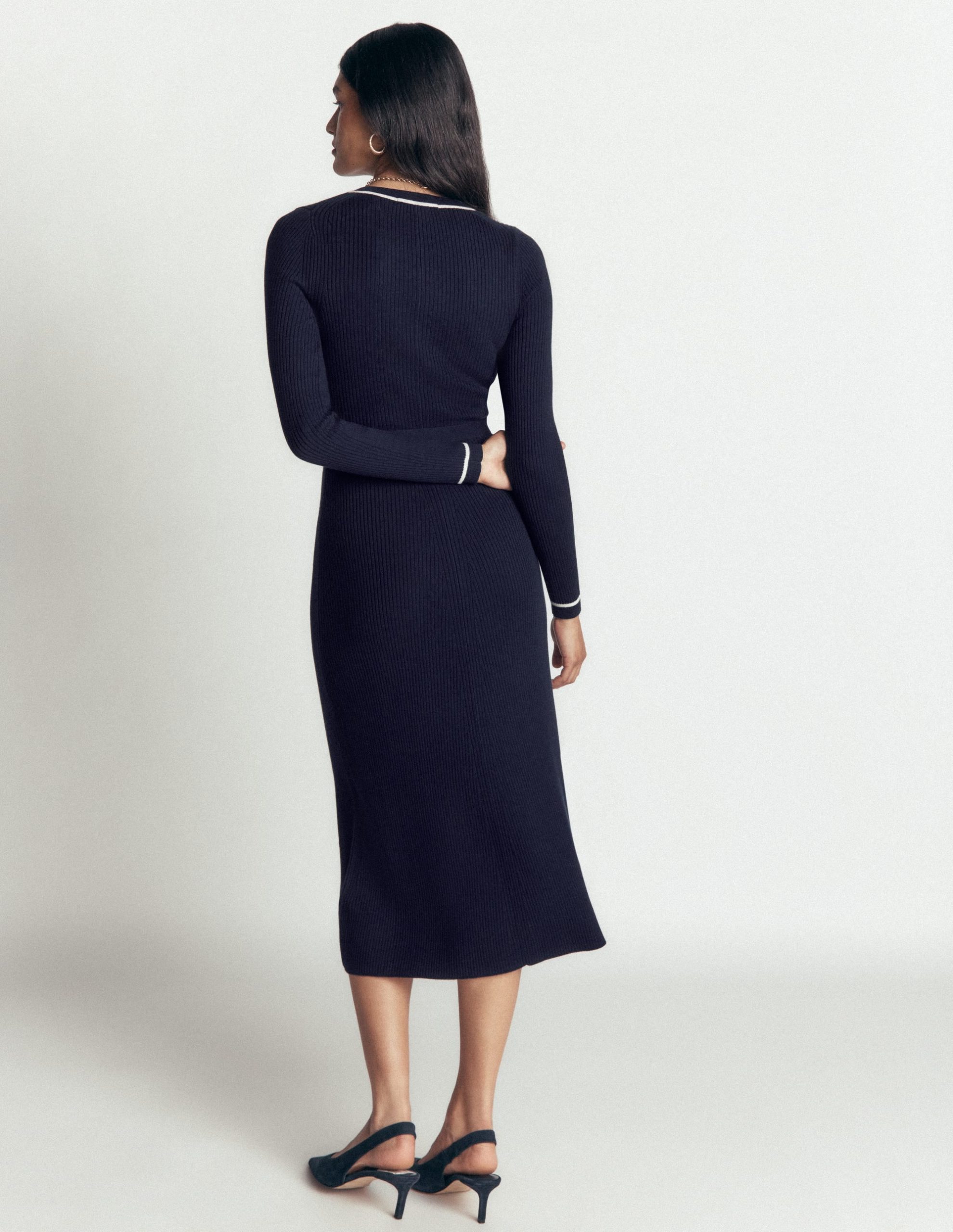 Paula Ribbed Crew Dress-Navy. Warm Ivory - Image 3