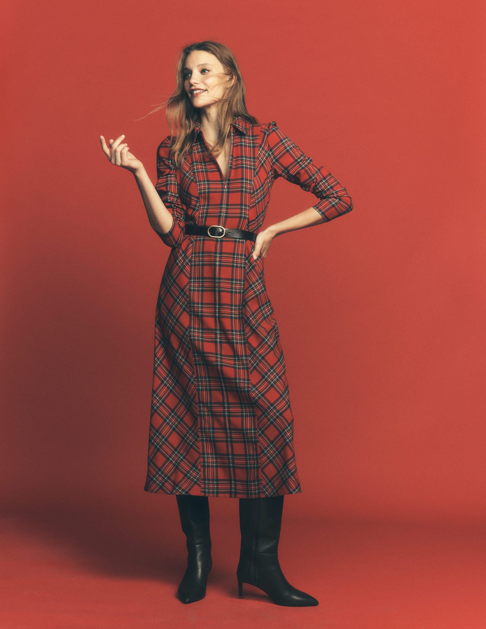 Una Collared Check Midi Dress-Red. Blue and Green Check